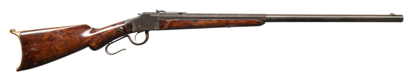 SCARCE D.S. COLE DROP BLOCK SINGLE SHOT RIFLE.: Cal. 32 CF. NSN. Mfg. around 1884 in Iowa. Oct. 25.5" w/ possible S# "XVI" on bottom. Dovetailed front sight base with 3 drilled holes right nearby; later vintage elevator rear sight. Left side of