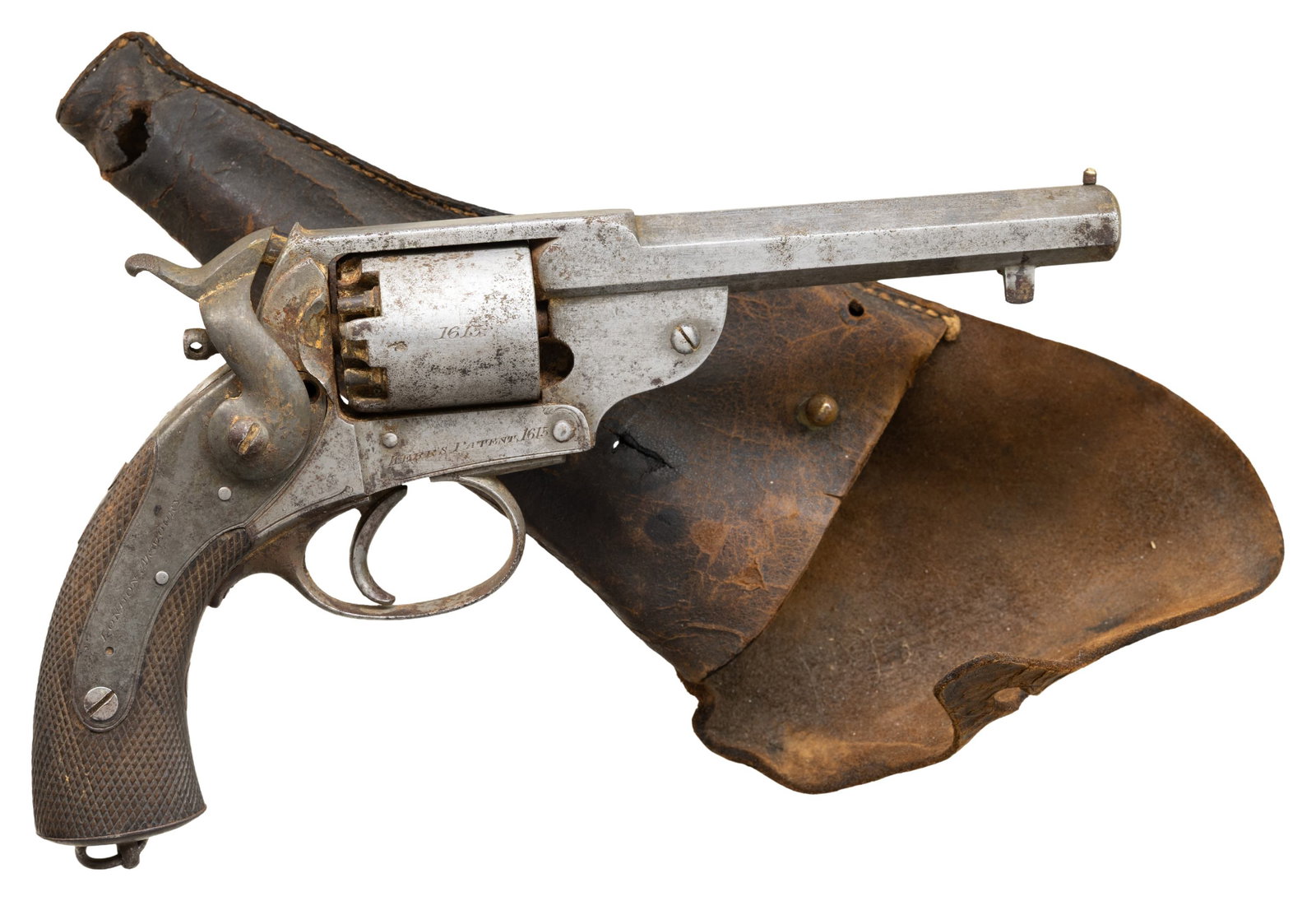 BLOCKADE RUN CONFEDERATE KERR REVOLVER & HOLSTER.: Cal. 54 bore (.442). S# 1615. This was the most popular Confederate imported revolver, and this is the newest S# added to database, fresh from Bar Harbor, ME estate with its original holster. Earliest