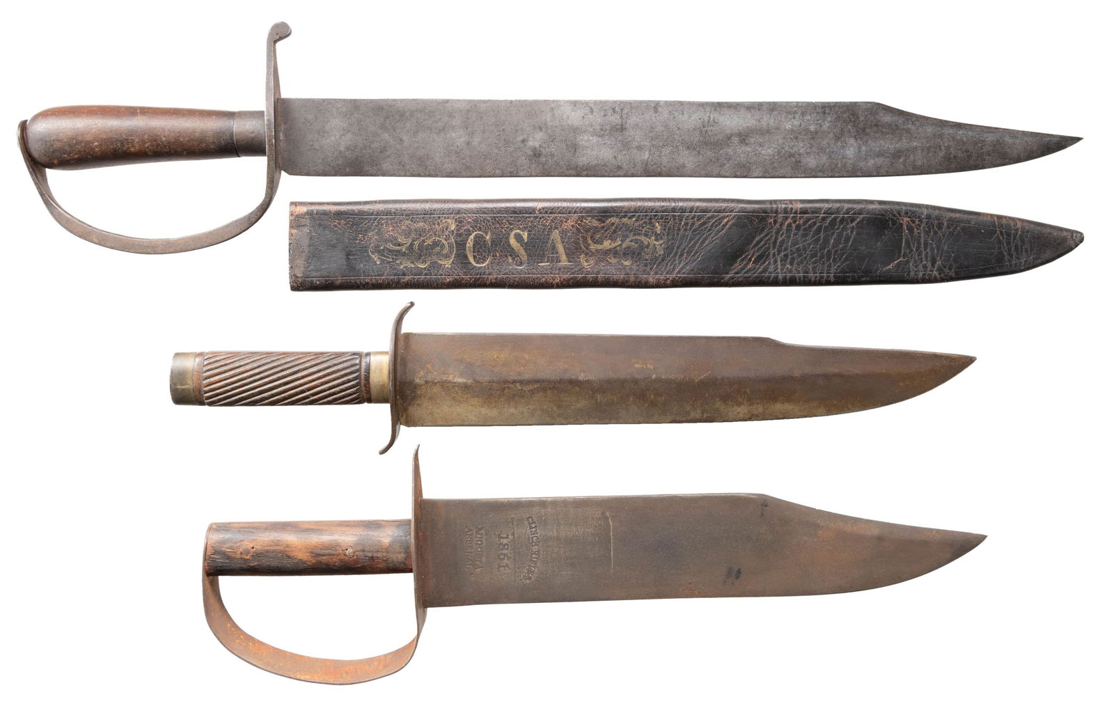 GROUP OF THREE LARGE REPRODUCTION CONFEDERATE: BOWIE KNIVES. 18" clip point Georgia style D-Guard with leather sheath, 18.5" overall clip point side knife with diagonal carved wood grip, wide clip point D-Guard with modern imposition "CLINCH