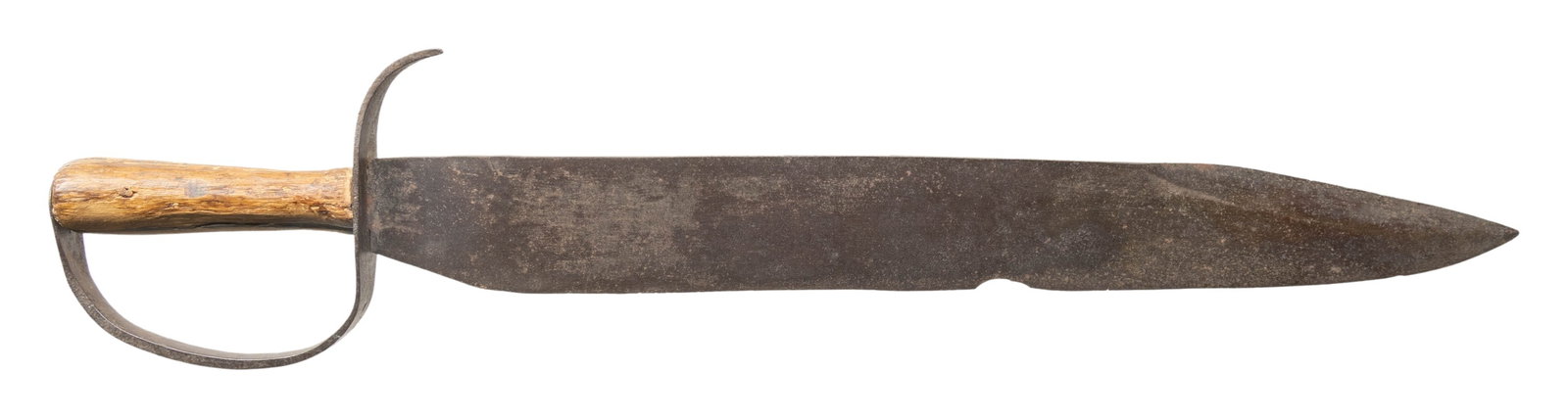 CONFEDERATE D-GUARD BOWIE KNIFE.: 20.5" overall, 16" spear point blade, 5" sharpened false edge, .21" thick, 2" wide, tapered turned wood handle, heavy iron guard with pointed quillon. CONDITION: good overall, "as found", iron