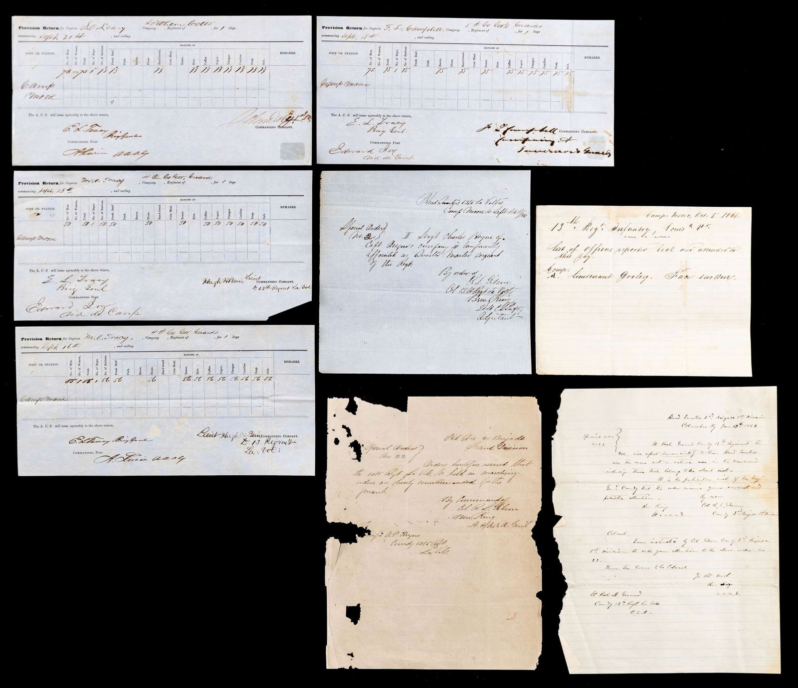 GROUP OF TEN CONFEDERATE LOUISIANA UNIT DOCUMENTS.: 6 provision returns for different captains, September 1861, Camp Moore, Louisiana: four 13th LA Infantry special orders from Camp Moore, one from Columbus, KY Jan. 17, 1862. CONDITION: 9 are very