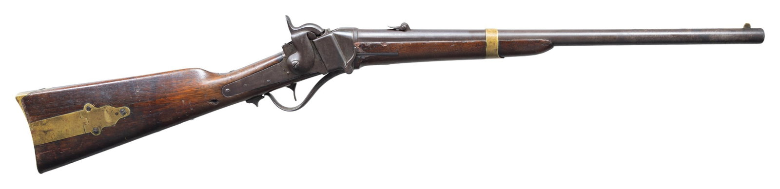 SHARPS MODEL 1852 SLANT BREECH PERCUSSION SINGLE: SHOT SADDLE RING CARBINE. Cal. 52. S# 6063. Bbl. 21 1/2". Brass blade front sight with squirrel ear rear sight. Bbl. is marked "SHARPS RIFLE/ MANUF'g CO./ HARTFORD, CONN.". Slant breech action with