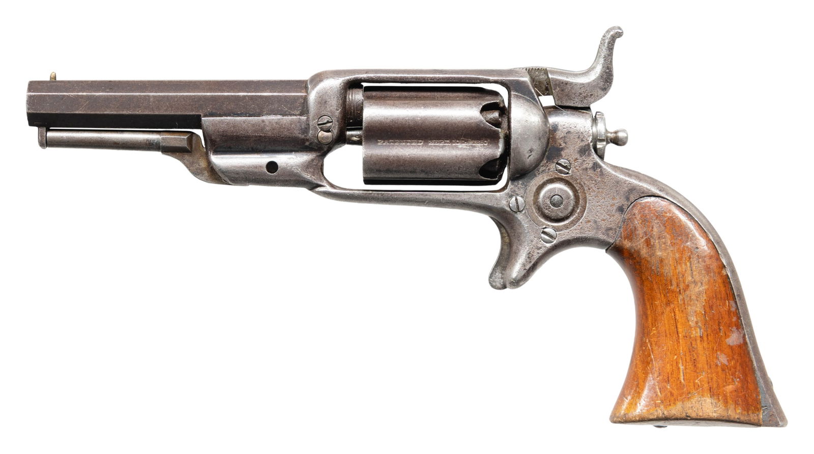 SCARCE CIVIL WAR COLT MODEL 4 ROOT REVOLVER.: Cal. 31. S# 1484. Revolver has all the distinguishing features of model 4s; fluted 5-shot cylinder; 3.5" octagonal barrel with 2-line patent & address, cylinder has patent stamped in flute, varnished