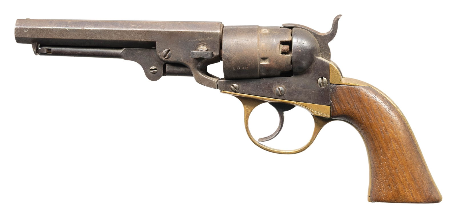 J.M COOPER SECOND MODEL NAVY DOUBLE ACTION: PERCUSSION REVOLVER. Cal. 36. S# 1046. Bbl. 4 15/16". 1 of approx. 15,000 (total production between Pocket and Navy models) Second Model Navy double action revolvers mfg. by J.M. Cooper. Top flat of t