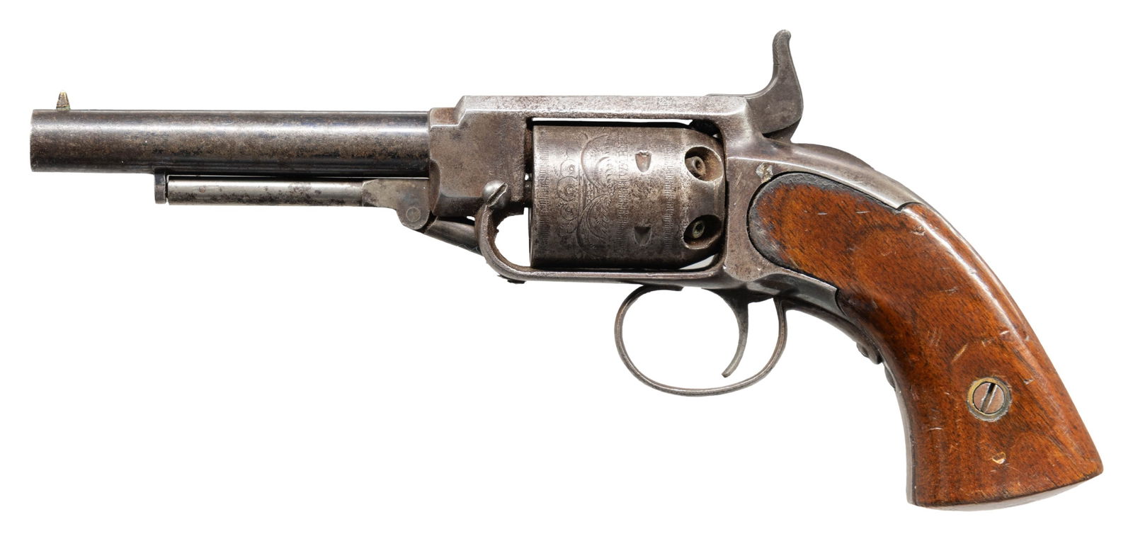 CIVIL WAR ERA JAMES WARNER POCKET REVOLVER.: Cal. 28. S# 3644. 8.5" overall, 4" barrel, 6-shot cylinder, "JAMES WARNER SPRINGFIELD, MASS, USA" on top strap, etched 6-shot cylinder with rolled "WARNER'S PATENT 1957", varnished walnut grips.