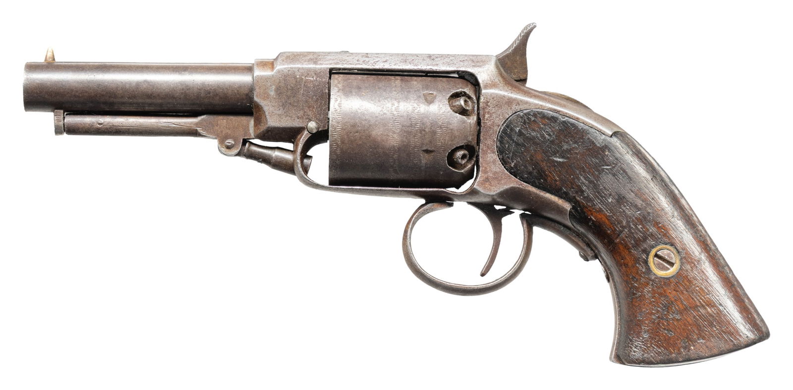 CIVIL WAR ERA JAMES WARNER POCKET REVOLVER.: Cal. 28. S# 871. 7.5"overall, 3" barrel, 6-shot cylinder, no discernible markings. CONDITION: good, appears complete & original, pitting, mechanics functional, discernible rifled bore. (01-28521/JS).