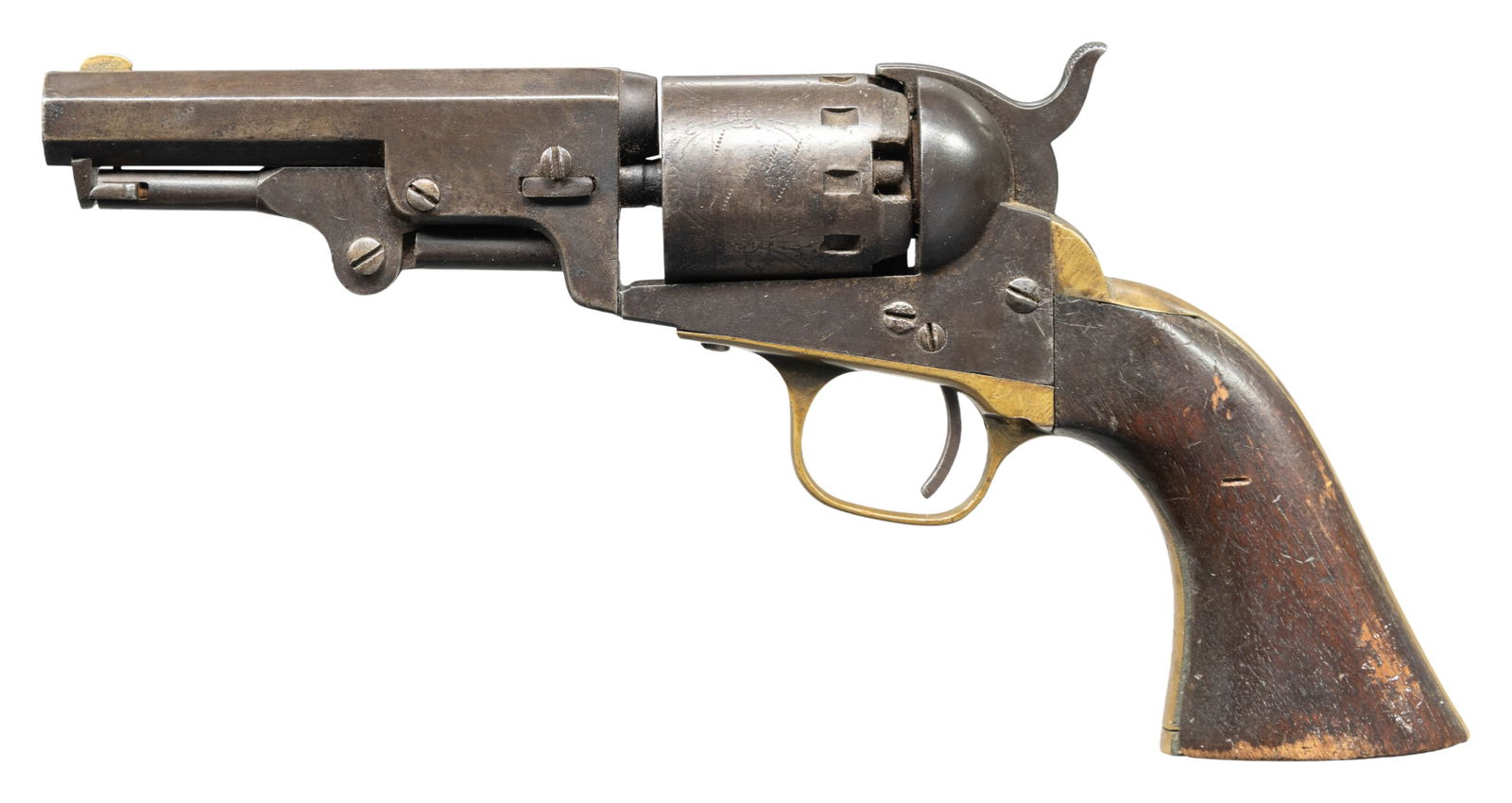 CIVIL WAR ERA MANHATTAN POCKET NAVY REVOLVER.: Cal. 36. S# 3336. 4" octagonal barrel, one-line New York address, 5-shot, walnut grips. CONDITION: good overall, matching & complete, mechanics need attention, cylinder will not index, good rifled