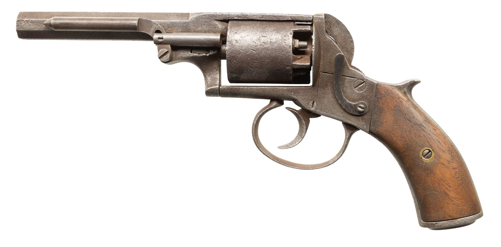 HILLS PATENT PERCUSSION REVOLVER.: Cal. NSN. Bbl. 5". Front sight is missing. Right side plate appears to be marked "HILLS PATENT/LONDON" but is obscured to pitting. Top strap has inscription that appears to read "JN A Voohrees".