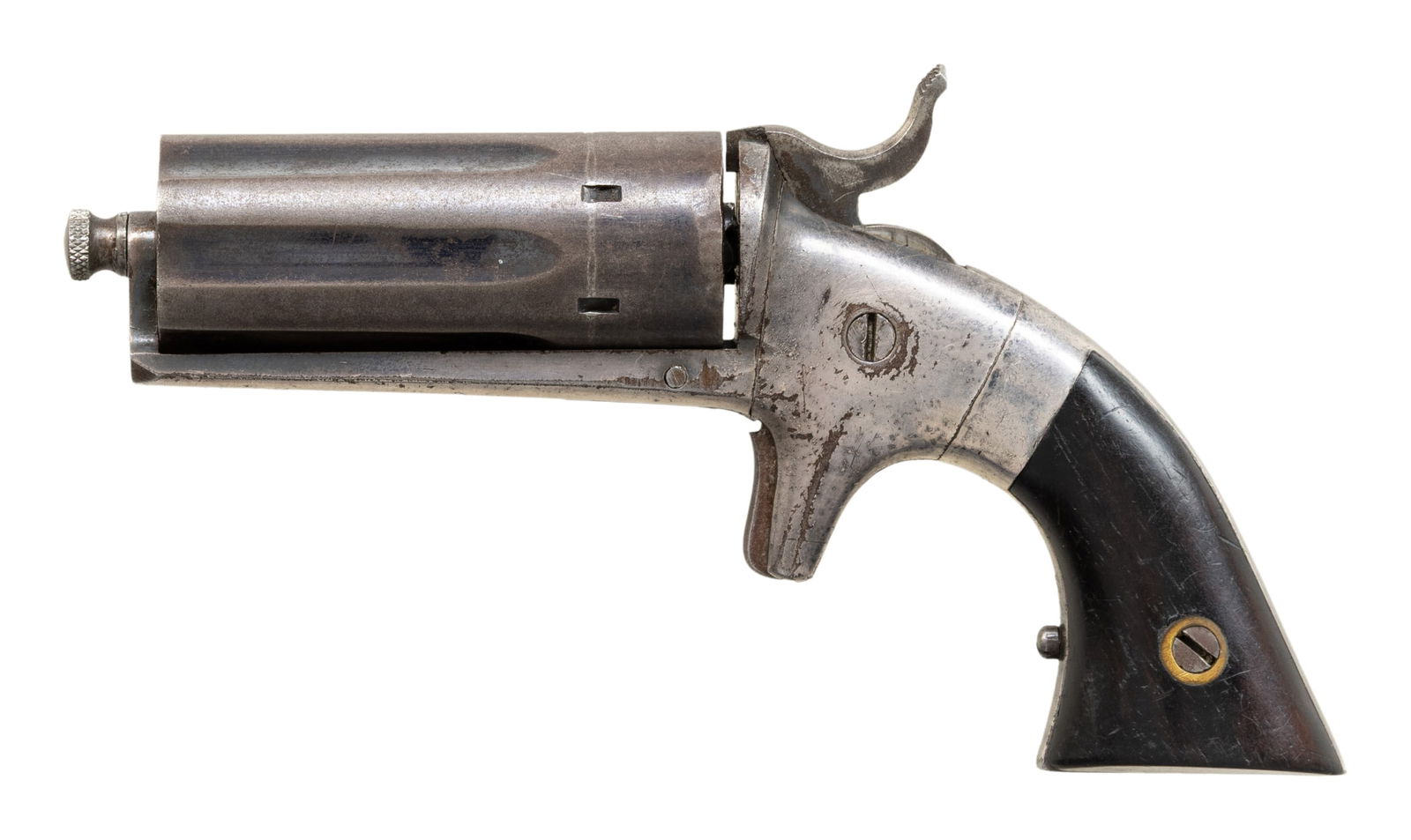 VERY GOOD BACON ARMS CO PEPPERBOX REVOLVER.: Cal. 22RF. S# 837. 5.5" overall, 2.5" 6-shot barrel cluster, silver plated frame, blued barrels, rosewood grips. CONDITION: very good, 80% silver, 20% blue finish, mechanics fine, clear bores.