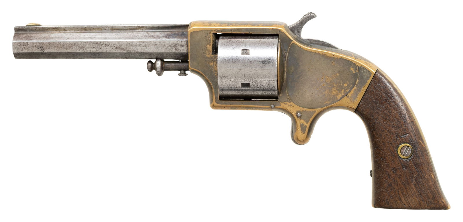 PLANT'S PATENT EAGLE ARMS FRONT LOADING POCKET: REVOLVER. Cal. 30 Cup Primed. S# 7553. Oct. 3.5". 5 Shot cyl. Brass frame. Two piece walnut grips. CONDITION: barrel & cyl. has gray patina appearance. Brass frame has tarnished silver finish on