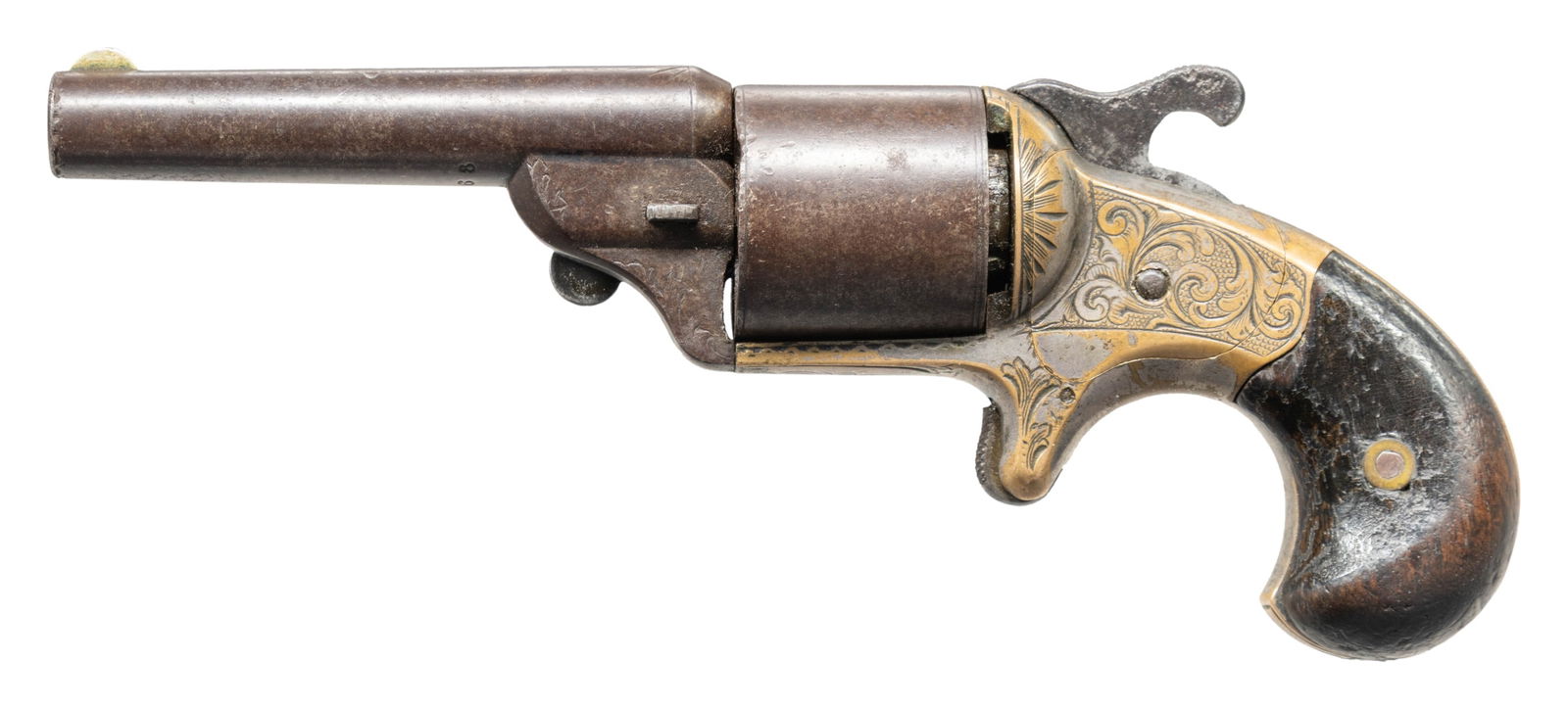 MOORE PATENT FIREARMS CO. FRONT LOADING REVOLVER.: Cal. 32teat fire. S# 24066. Standard configuration 7" overall, 3.25" round barrel, 6-shot cylinder, engraved brass frame. CONDITION: good overall, complete & matching, mechanics fine, crisp rifled