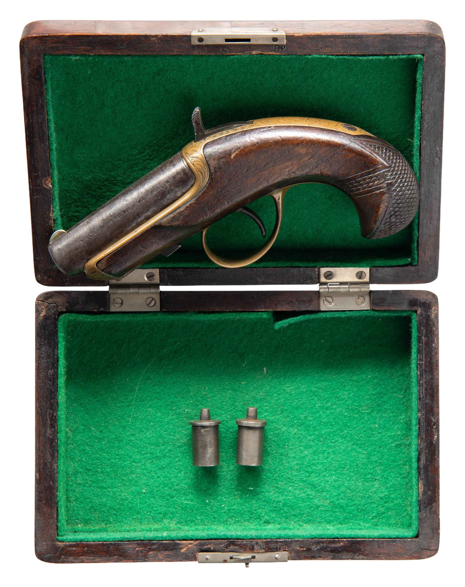 WILLIAMSON'S PATENT SLIDING BARREL DERRINGER: PISTOL WITH CASE. Cal. 38. S# 1183. Bbl. 2 1/2". Williamson's patent single shot sliding bbl. derringer pistol. Left side of the bbl. is marked "WILLIAMSON'S PAT.OCT,2.1866 NEW YORK" with a feathered