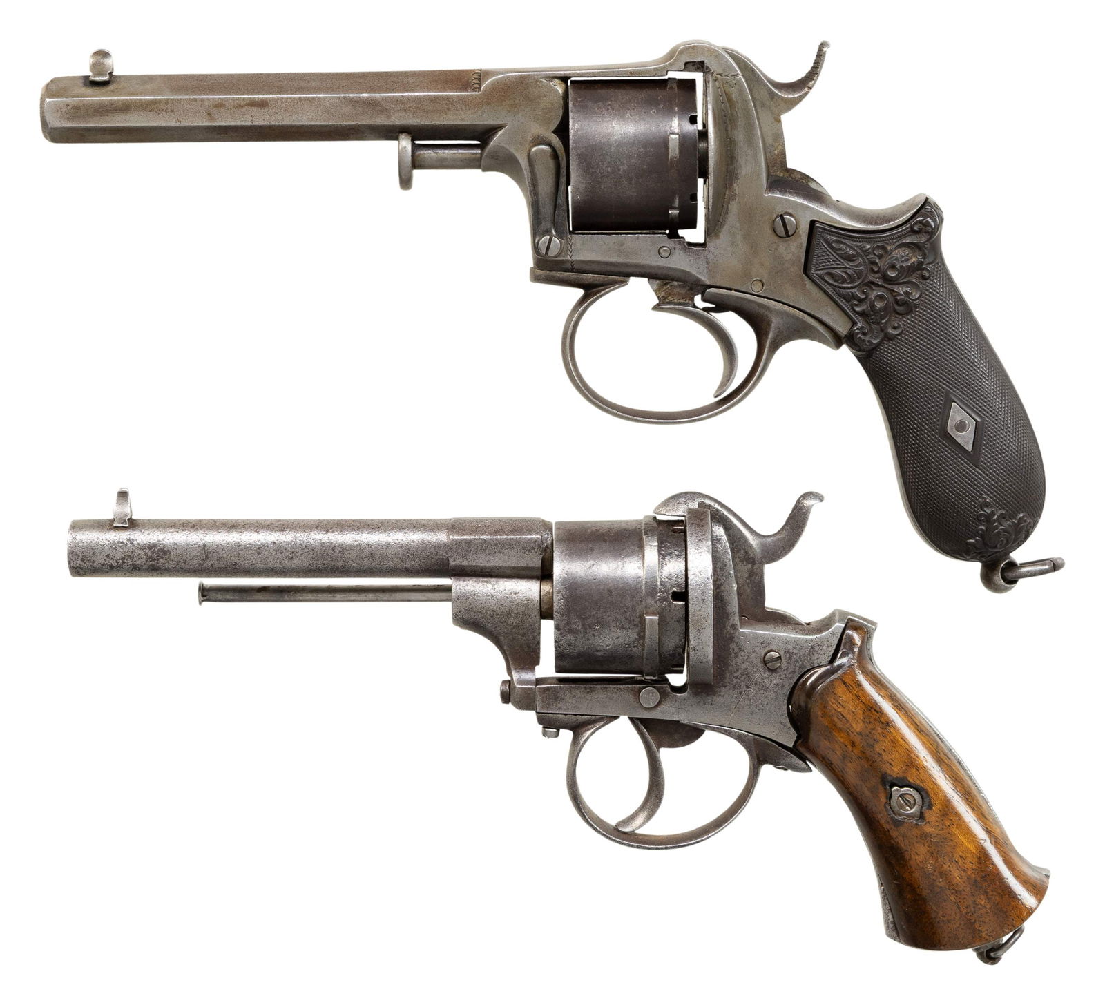 PAIR OF CIVIL WAR ERA 9MM LEFAUCHEUX REVOLVERS.: Cal. 9mm pinfire. NSNs. Both pistols are 6-shot double action, one 5" barrel stamped "SYSt. LEFAUCHEUX", decorated hard rubber bag grips. The other revolver has 4.5" barrel with Liege proofs,
