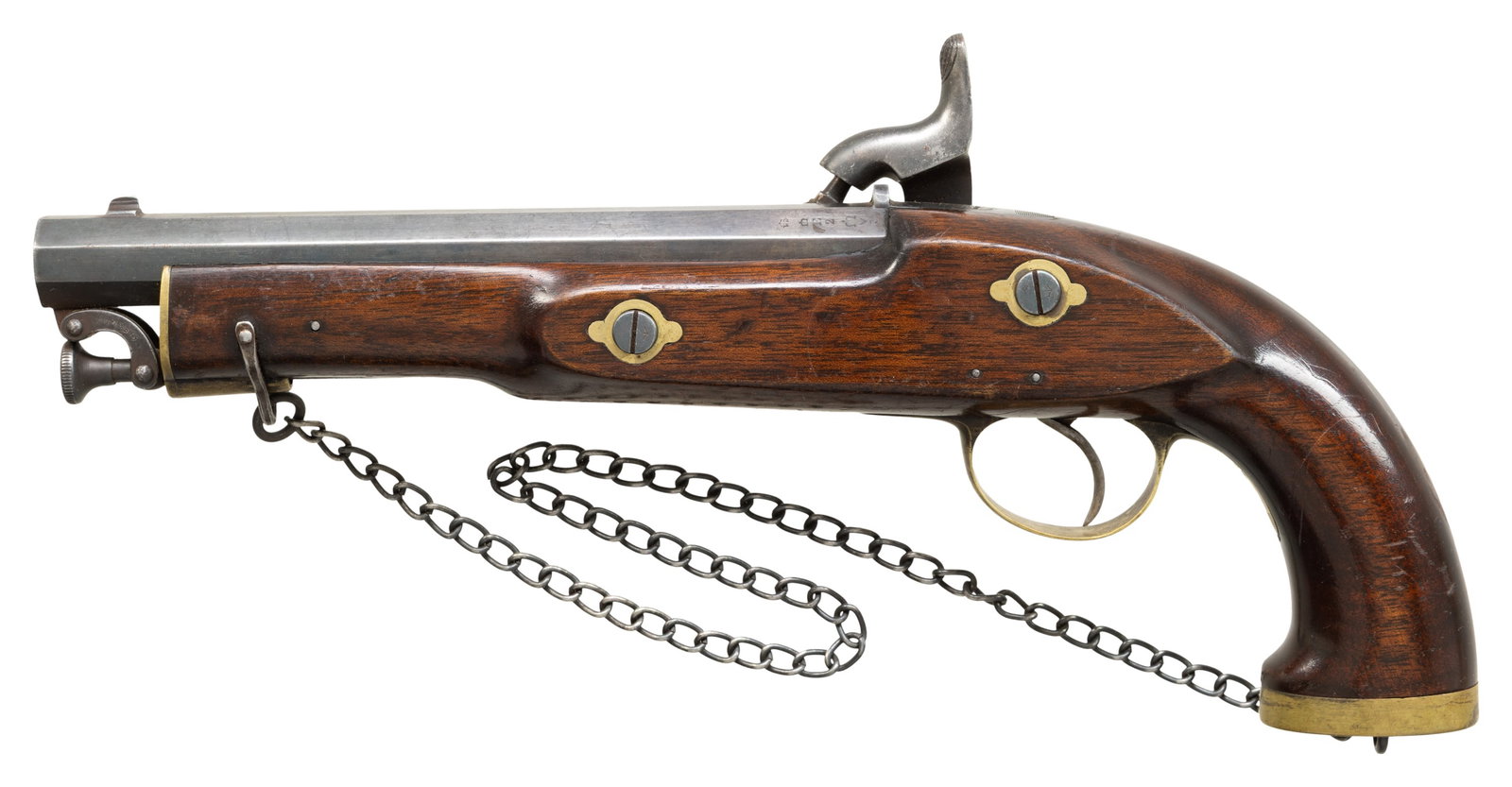 BRITISH ENFIELD PERCUSSION CALVERY PISTOL.: Cal. 70 S# NSN. The 8" octagon barrel having captive ramrod with bridle at front has Enfield markings, military proofs and war department marks on left flat. Standard Enfield percussion lock has