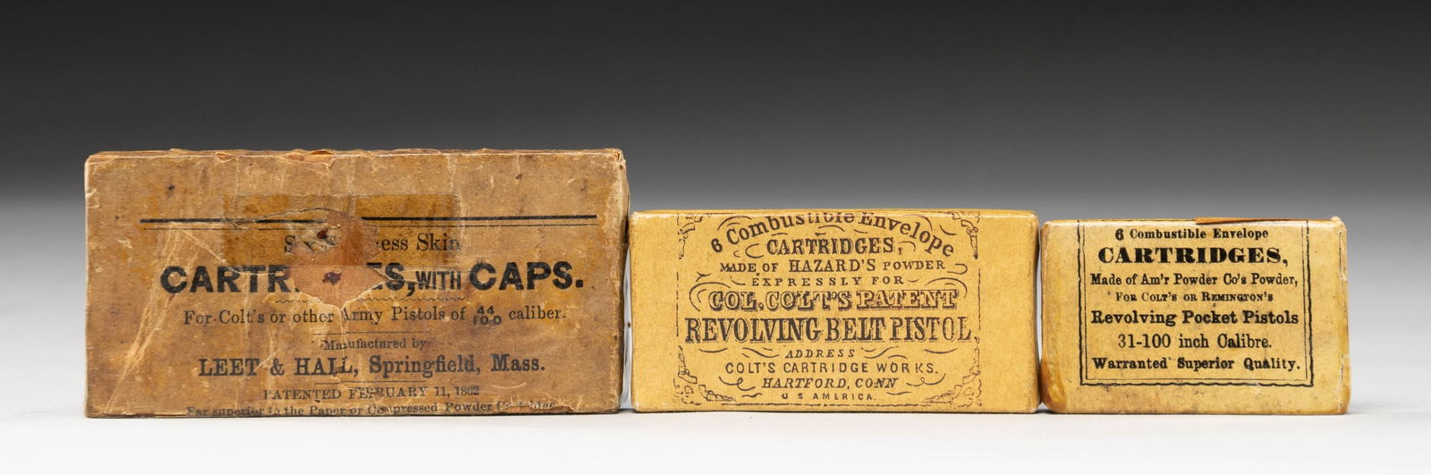 CIVIL WAR ERA COMBUSTABLE ENVELOPE CARTRIDGES FOR: COLT REVOLVERS. 1). Very nice sealed pack of 6 cartridges for 31 caliber Colt or Remington Pocket Revolvers. 2). Exceptional sealed pack of 6 Colt 44 cartridges for 1860 Army revolver. 3). Good