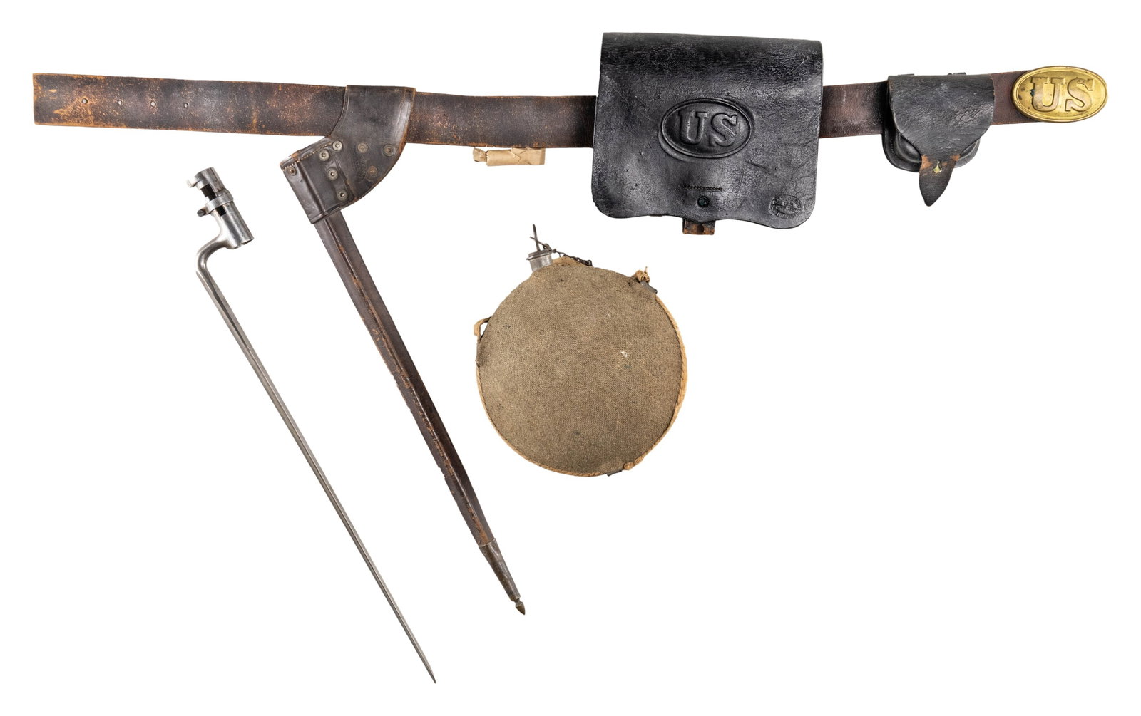 FINE CIVIL WAR INFANTRYMAN'S ACCOUTREMENT SET: 1864 contract 58 caliber cartridge box with embossed "US", inspected & maker marked, attached bayonet scabbard & fine "US" surcharged Springfield bayonet, nice inspected & maker marked cap box, all on