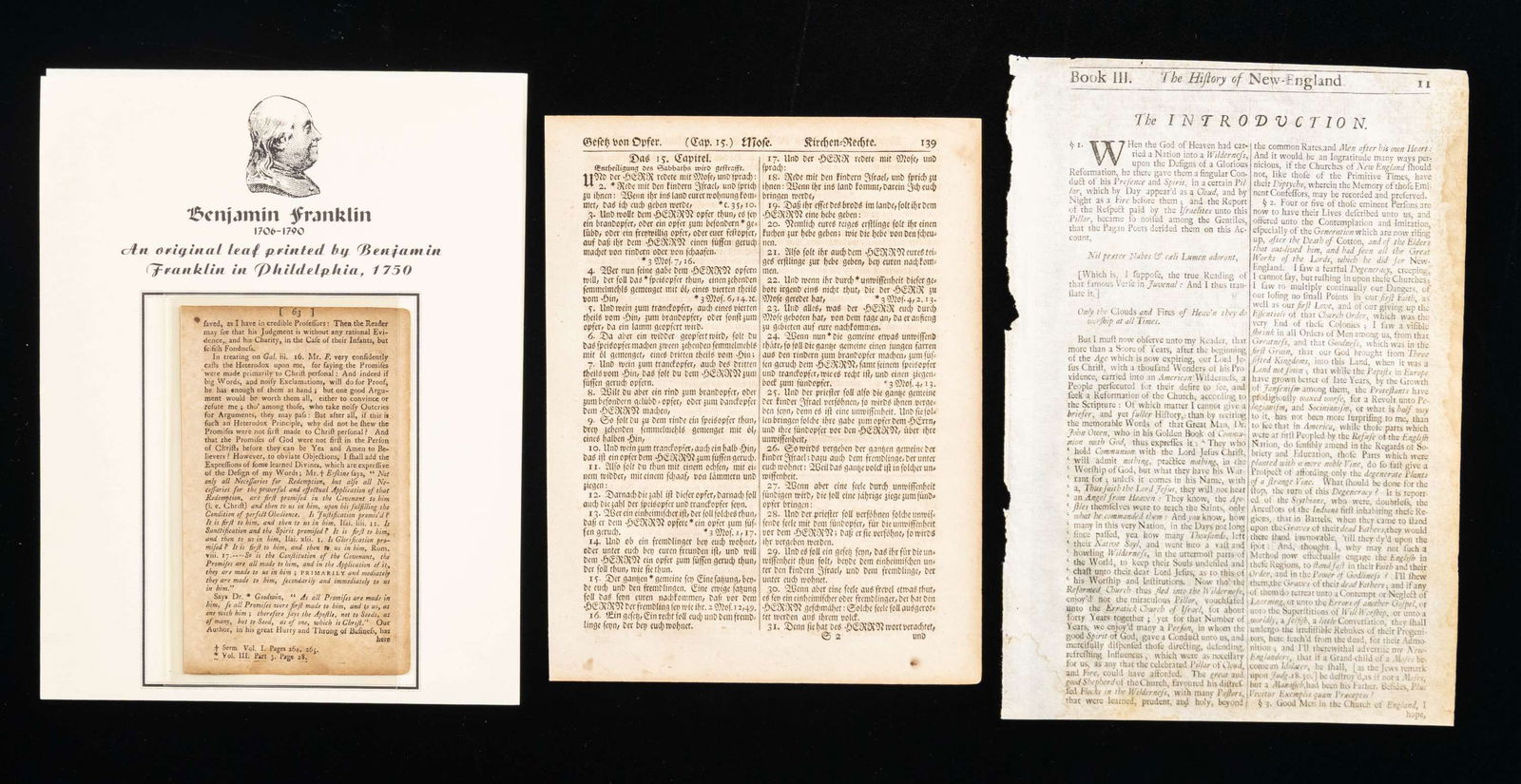 THREE RARE BOOK PAGES PRINTED IN COLONIAL AMERICA.: 1) Page 11/12 book III, from Cotton Mather's "Magnalia Christi Americana?Ecclesiastical History of New England" published London 1702, (folio 11.75" x 8"). 2) Page from 1776 Christopher Saur Bible pri