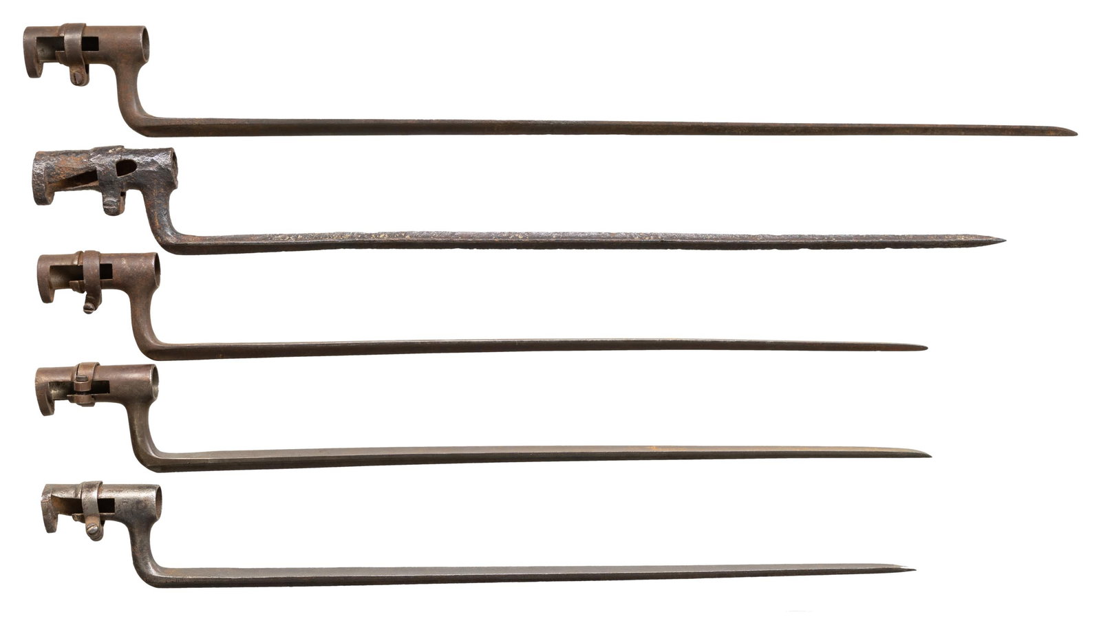 FIVE CIVIL WAR ERA ANGULAR BAYONETS.: 4 Springfield style and 1 Austrian Lorenz. CONDITION: Austrian and 1 Springfield heavier patinaed more than others, all have locking rings. PROVENANCE: estate collection of Compton Labauve. (02-26473/