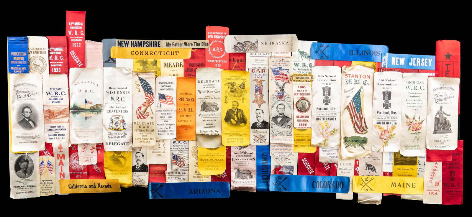 LARGE GROUP OF CIVIL WAR REUNION RIBBONS.: 120 ribbons still packed in original postal box addressed to Compton, New Iberia in 1963. Most are Woman's Relief Corps of the GAR, many very colorful and attractive unique hand painted examples. UNAT