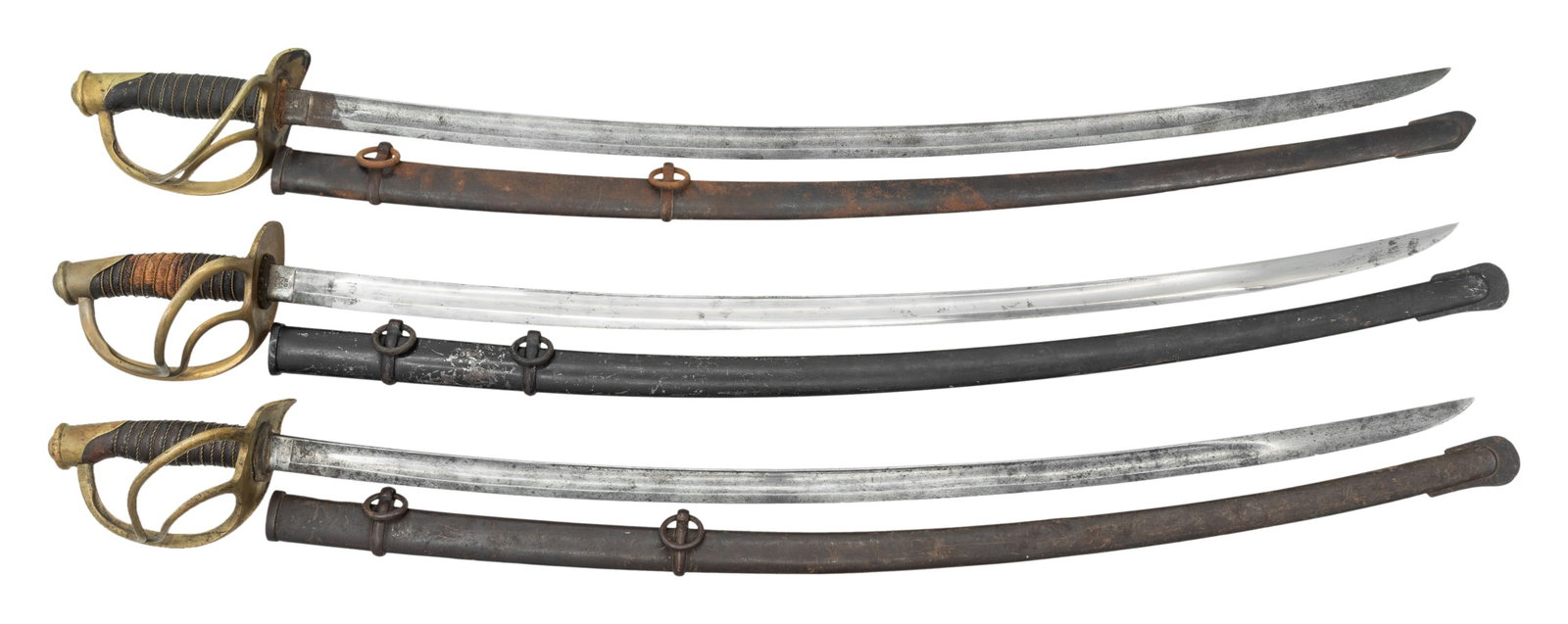 THREE GOOD CIVIL WAR CAVALRY SABERS.: 1) VERY SCARCE 1860 DATED AMES model 1860 cavalry saber, 35" blade crisply maker marked, dated & inspected, complete leather & wire grip, well fit scabbard. 2) 1863 dated & inspected Ames cavalry sabe
