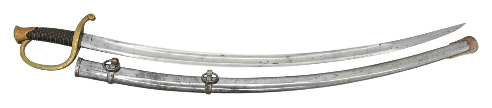 1865 DATED UNION M1840 LIGHT ARTILLERY SABER WITH: SCABBARD. Overall: 37.5". Blade: 32"; barely visible "1865 / A" on ricasso. Brass guard, hilt & pommel. Wire wrapped leather grip. Iron scabbard. CONDITION: blade shows once cleaned appearance