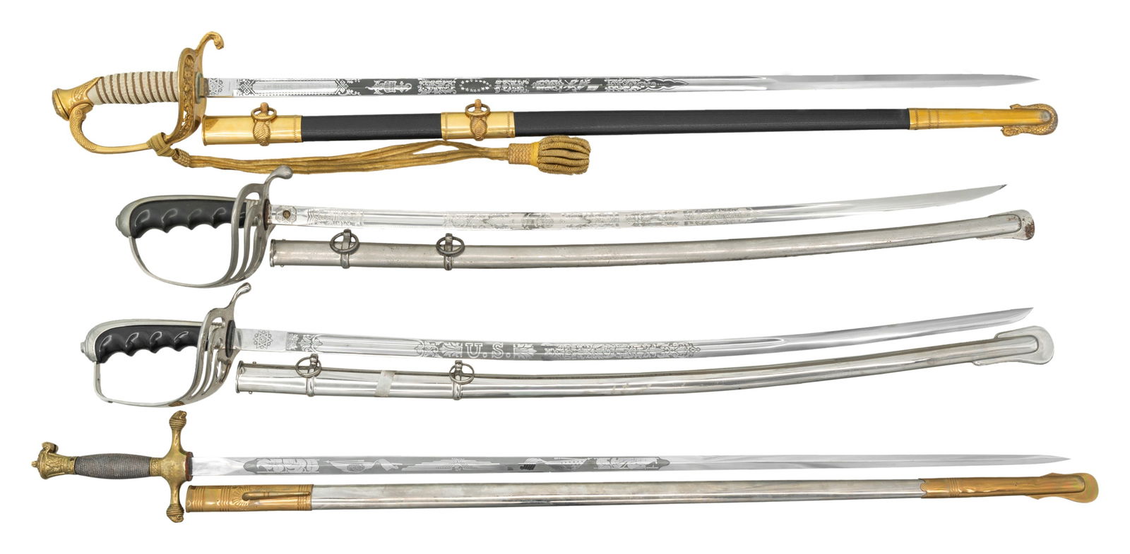 FOUR AMERICAN MILITARY SWORDS.: 1) Model 1852 naval officer's sword, 32" etched blade inscribed to "George E. Smith, Jr", Hilborn & Hamburger, NY" agent marks. Very fine with scabbard in protective carrying case. 2) "STAUNTON