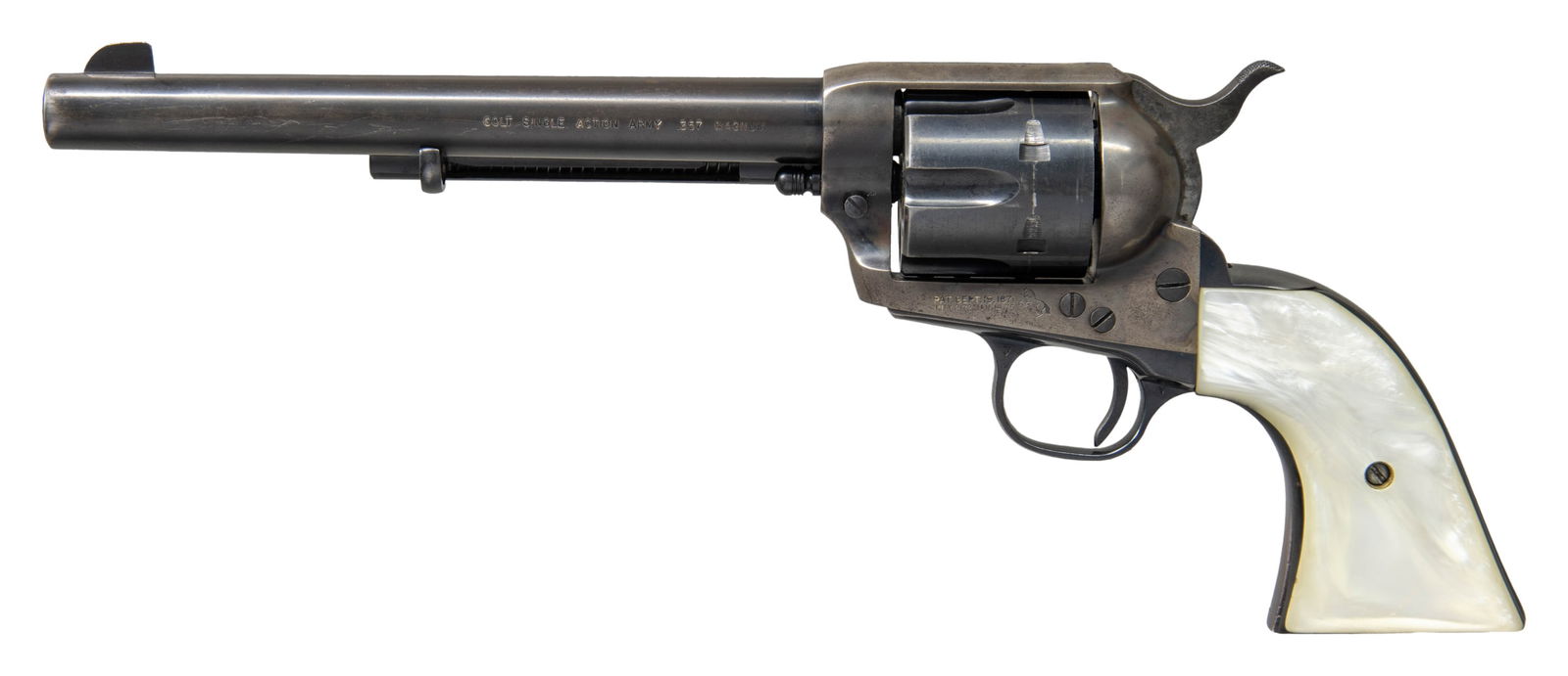 SECOND GENERATION COLT SINGLE ACTION ARMY: REVOLVER. Cal. 357 Mag. S# 43672SA. Bbl. 7 1/2". Second Generation Single Action Army revolver mfg. by Colt in 1966. Left side of the bbl. is marked "COLT SINGLE ACTION ARMY .357 MAGNUM", with Colt's