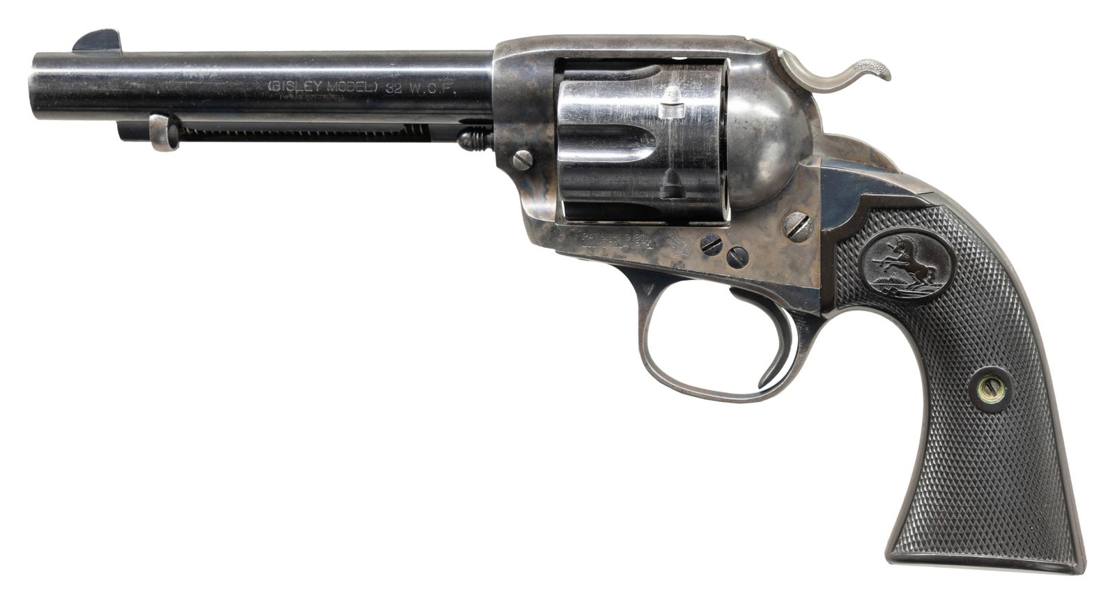 FIRST GENERATION COLT SINGLE ACTION ARMY BISLEY: MODEL REVOLVER. Cal. 32 WCF. S# 326676. Bbl. 5 1/2". Single Action Army Bisley Model revolver mfg. by Colt in 1913. Left side of the bbl. is marked "(BISLEY MODEL) 32 W.C.F.", with Colt's single line