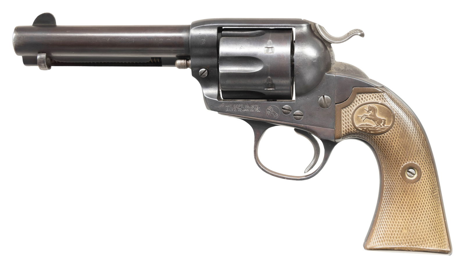 FIRST GENERATION COLT SINGLE ACTION ARMY BISLEY: MODEL REVOLVER. Cal. 38 WCF. S# 276393. Bbl. 4 3/4". Single Action Army Bisley Model revolver mfg. by Colt in 1906. Left side of the bbl. is marked with a partially legible (BISLEY MODEL) 38 W.F.C.",