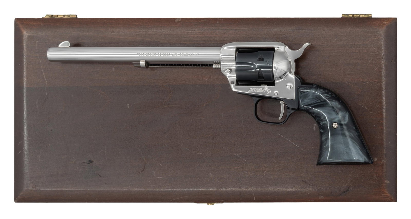 FINE COLT PEACERMAKER BUNTLINE SECOND AMENDMENT: COMMEMORATIVE SINGLE ACTION REVOLVER WITH FACTORY BOX & CASE. Cal. 22 LR. S# G2213RB. Bbl. 7 1/2". Peacemaker Buntline Second Amendment commemorative single action revolver mfg. by Colt in 1977. Left