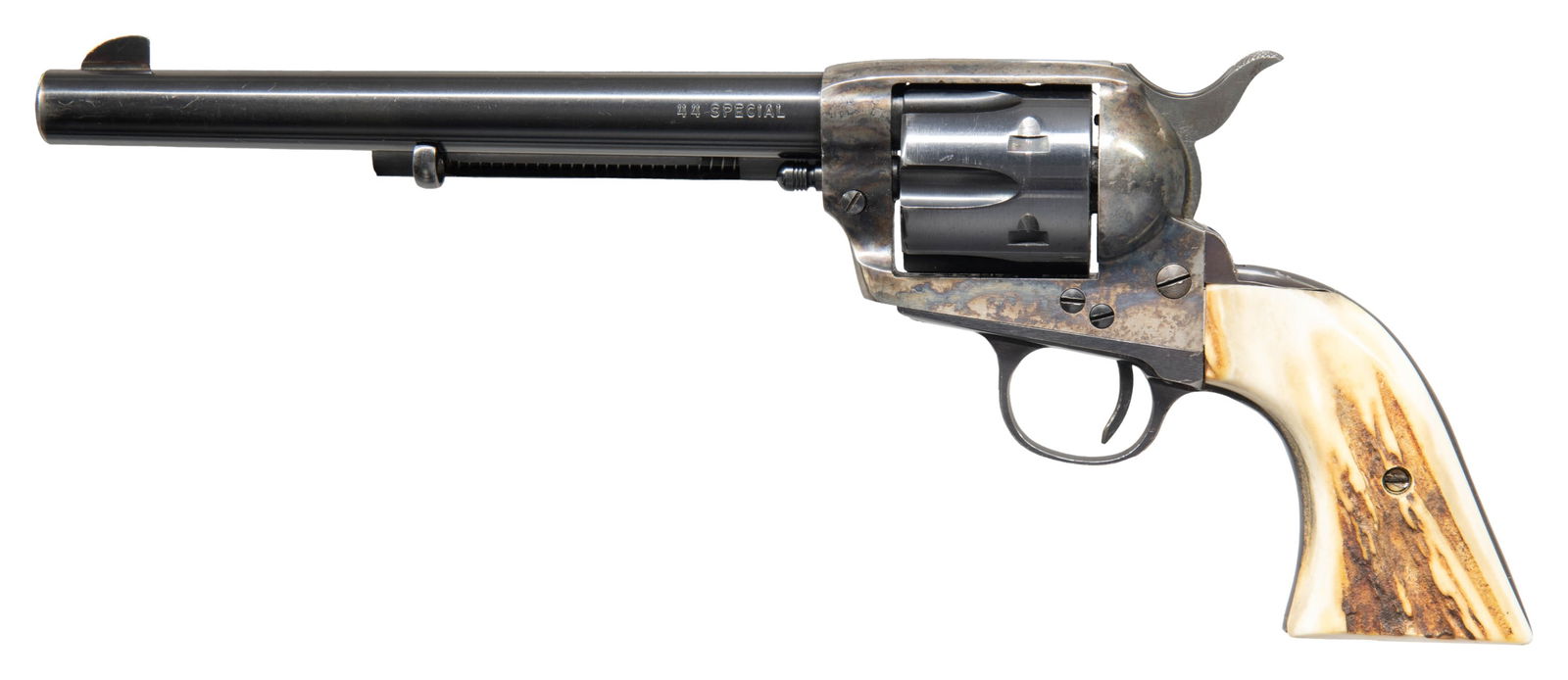 GREAT WESTERN ARMS SAA REVOLVER.: Cal. 44 Spl. S# GW6476. Bbl. 7 1/2". Blade front sight. Fixed rear sight. Case colored frame & loading gate. Balance of other parts have blued finish. Stag grips. CONDITION: grips show a couple
