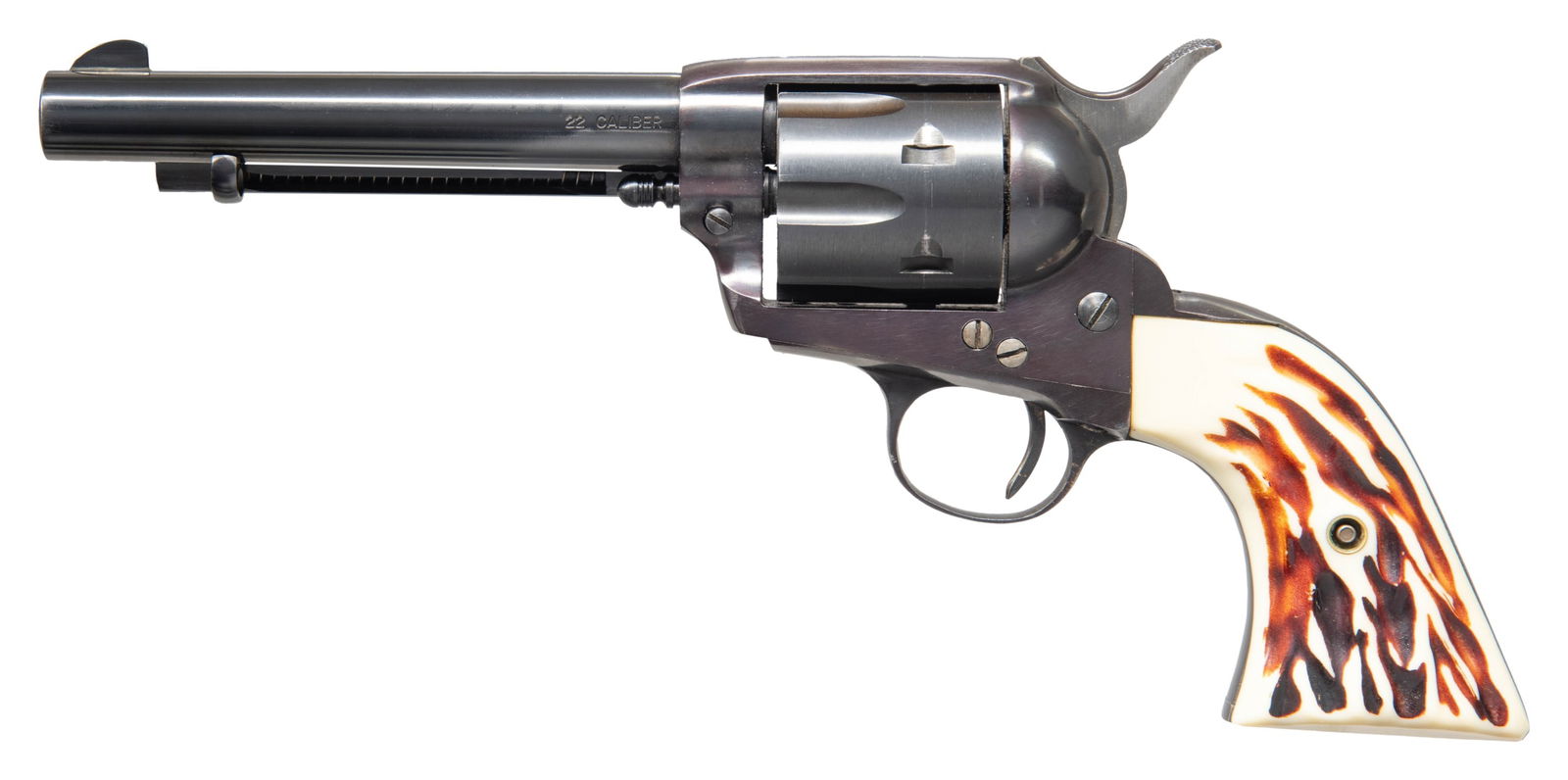 GREAT WESTERN ARMS 22 LR FRONTIER SIX SHOOTER SA: REVOLVER. Cal. 22 LR / WMR. S# 13595. mfg. 1954-1964. Bbl. 5.5". Fixed sights. 6 Shot fluted cyl. Blued finish. Two piece stag grips. CONDITION: very good blue on barrel & ejectors housing. Frame &