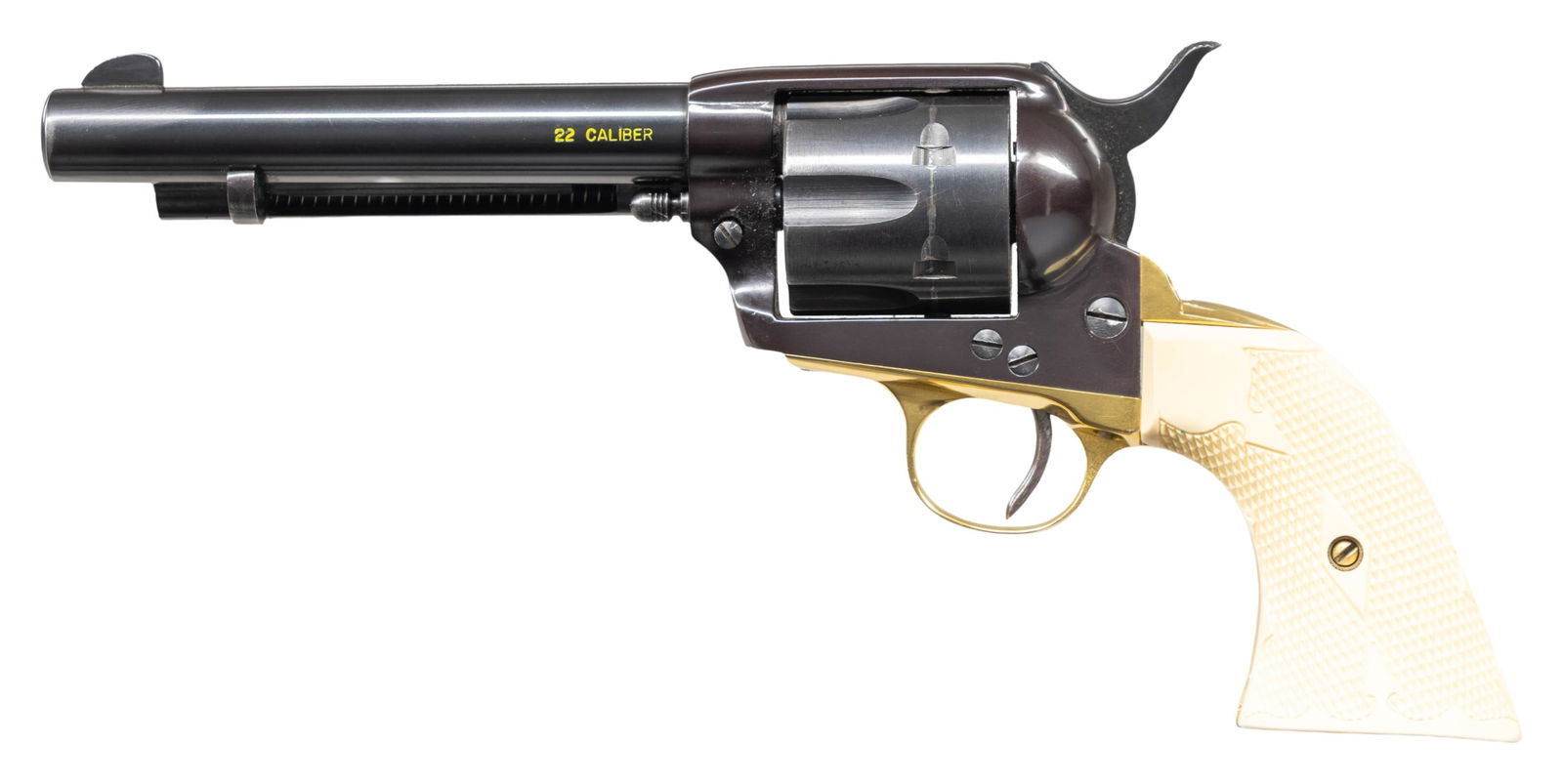 GREAT WESTERN ARMS SAA REVOLVER.: Cal. 22 LR. S# G20884. Bbl. 5 1/2". Blade front sight. Fixed rear sight. Right side of bbl. has "22 CALIBER" marking with added yellow highlight. Brass Trigger guard & grip straps. Balance of parts