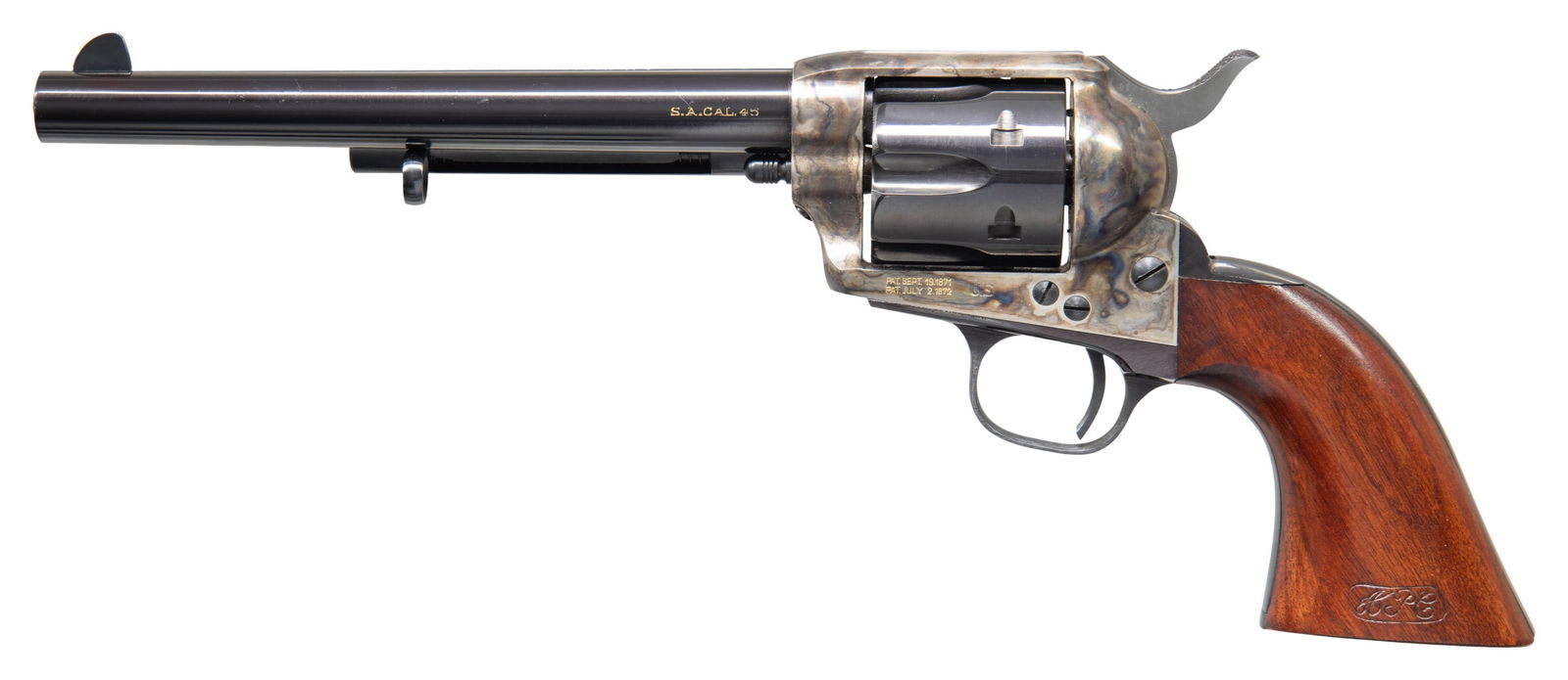NAVY ARMS/UBERTI SAA REVOLVER.: Cal. 45 Colt. S# 011076. Bbl. 7 1/2". Blade front sight. Fixed rear sight. Bbl. has Navy Arms import marking on top & Uberti marking on bottom. Bbl. markings have white highlight. Case colored frame