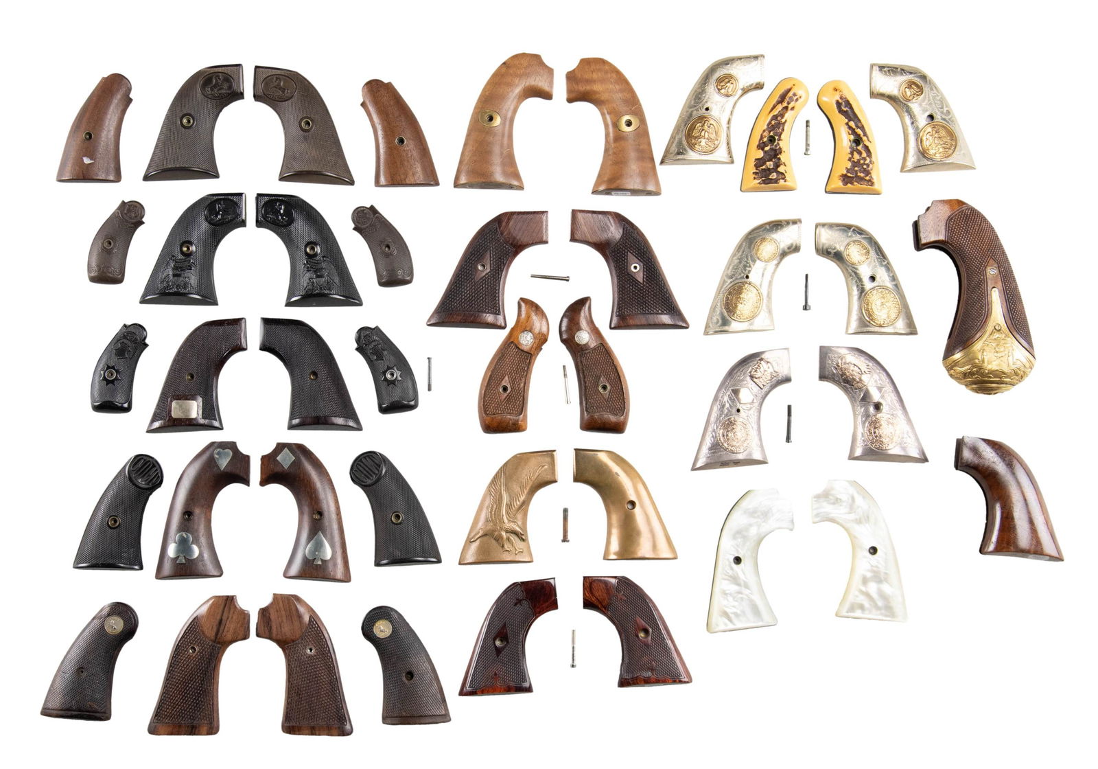 LARGE GROUP OF VINTAGE PISTOL GRIPS.: 1) COLT SAA, original 1st gen. checkered hard rubber "Rampant Colt" logo, S# 348760. 2) COLT SAA, 2nd gen. hard rubber eagle & logo, marked "COLT'S HTFD HARTFORD". 3) COLT SAA, "10K" & "sterling"
