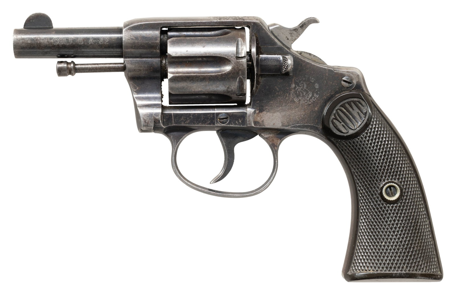 EXTREMELY EARLY, 3-DIGIT, COLT NEW POLICE DOUBLE: ACTION REVOLVER. Cal. 32. S# 169. Bbl. 2 7/16". Extremely early New Police double action revolver mfg. in 1897 (first year of production). Left side of the bbl. is marked "COLT. D.A. 32", with Colt's