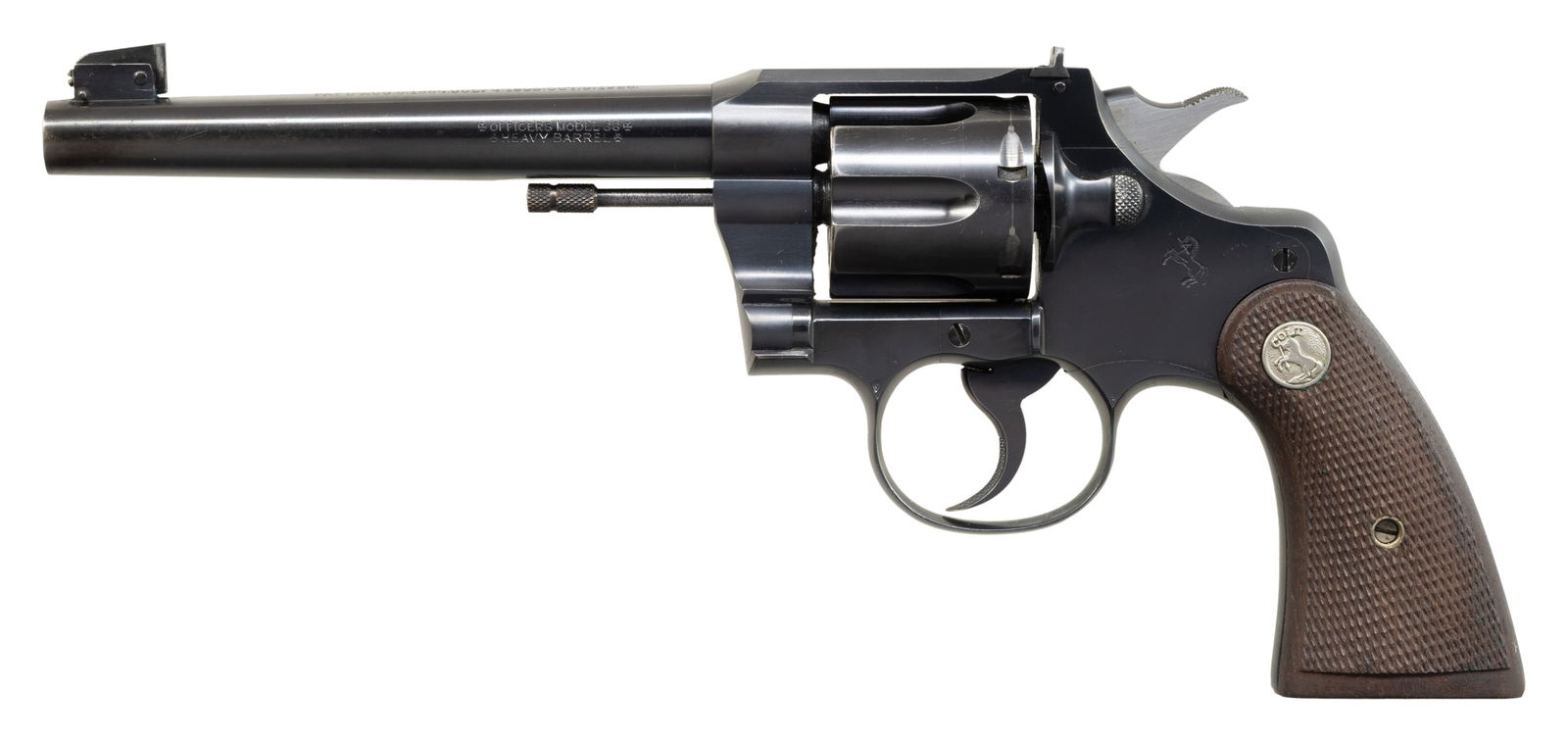 COLT OFFICERS MODEL .38 HEAVY BARREL DOUBLE ACTION: REVOLVER. Cal. 38 Spl. S# 620737. Bbl. 6". Officers Model .38 Heavy Barrel double action revolver mfg. by Colt in 1937 (serialized in sequence with the Official Police revolver). Left side of the bbl.