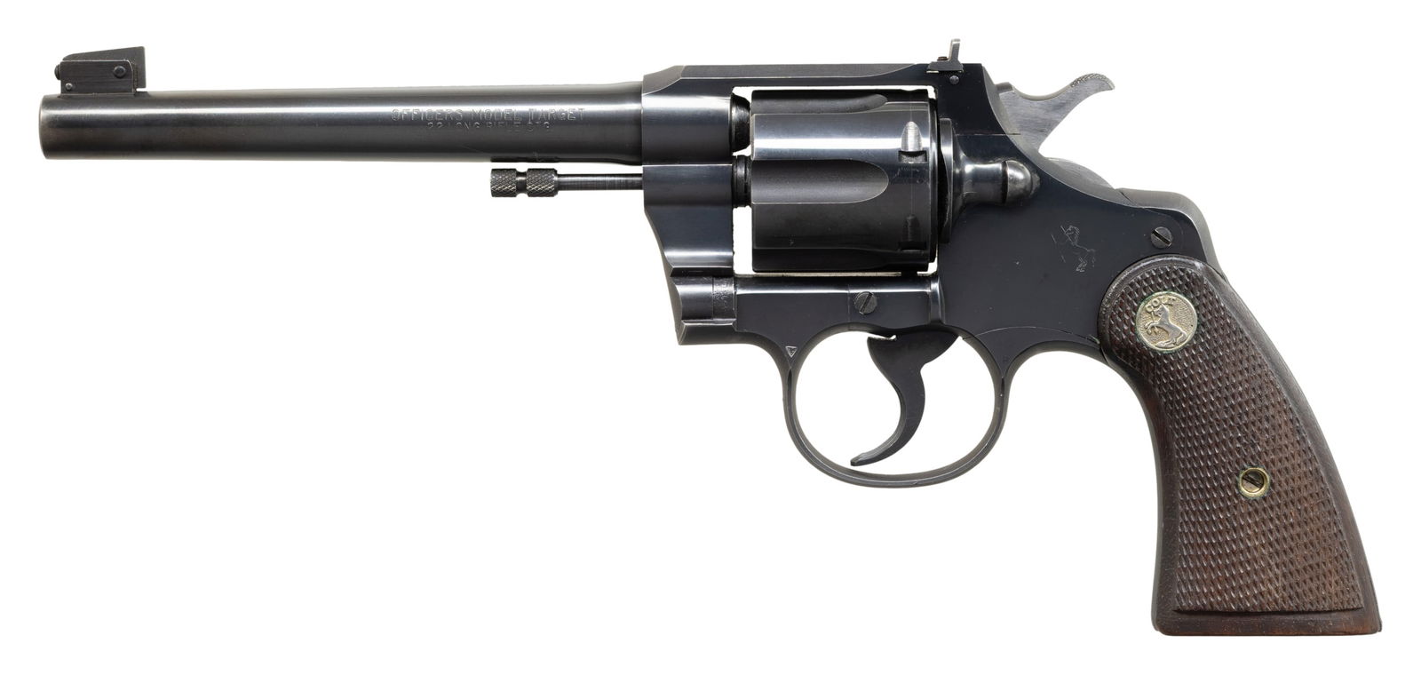 COLT OFFICERS MODEL TARGET .22 LR DOUBLE ACTION: REVOLVER. Cal. 22 LR. S# 51456. Bbl. 6". Officers Model Target double action revolver mfg. by Colt in 1948. The left side of the bbl. is marked "OFFICERS MODEL TARGET/ .22 LONG RIFLE CTG.", with Colt'