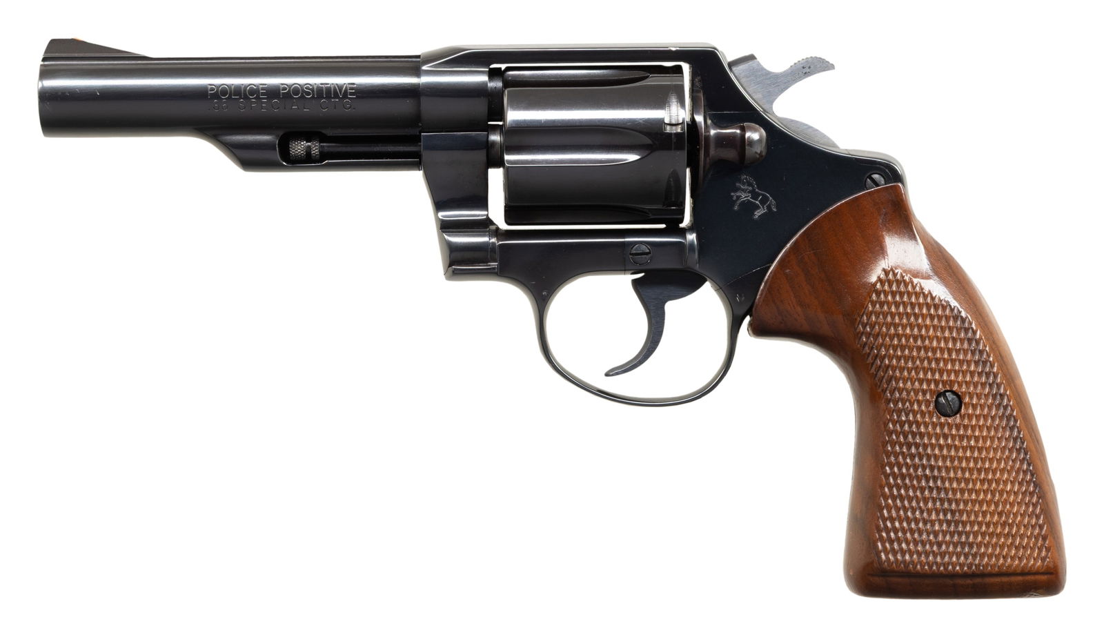 COLT POLICE POSITIVE .38 SPECIAL DOUBLE ACTION: REVOLVER. Cal. 38 Spl. S# 58135M. Bbl. 4 1/16". Police Positive double action revolver mfg. by Colt in 1977. Left side of the bbl. is marked "POLICE POSITIVE/ .38 SPECIAL CTG.", with Colt's single lin