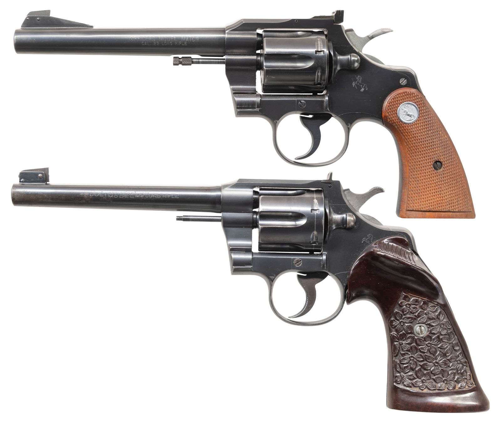 LOT OF 2 COLT OFFICERS MODEL .22 LR DOUBLE ACTION: REVOLVERS. 1) COLT OFFICERS MODEL MATCH .22 LR DOUBLE ACTION REVOLVER. Cal. 22 LR. S# 77393. Bbl. 6". Officers Model Match double action revolver mfg. by Colt in 1959. Left side of the bbl. is marked