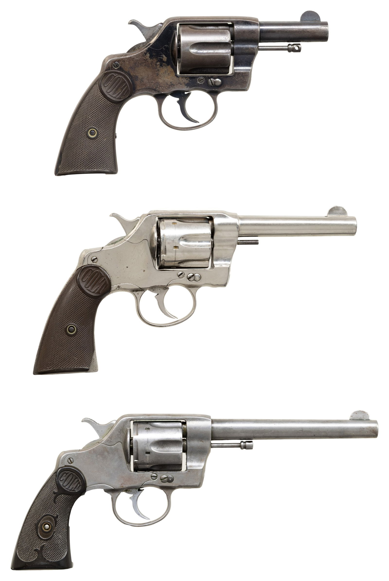 LOT OF 3 COLT NEW ARMY / NAVY DOUBLE ACTION: REVOLVERS. 1) Cal. 38 Colt. S# 31586. Bbl. 3". New Army / Navy double action revolver mfg. by Colt in 1895. Left side of the bbl. is marked "COLT D.A. 38", with Colt's 3-line mfg. and patent informati