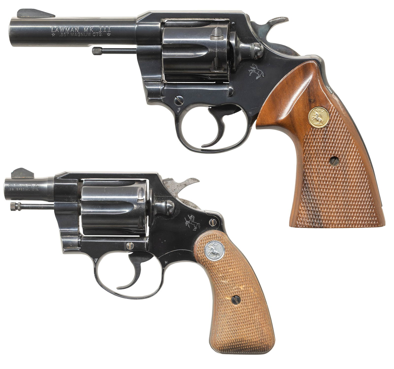 LOT OF 2 COLT LAWMAN MK III & COBRA DOUBLE ACTION: REVOLVERS. 1) COLT LAWMAN MK III DOUBLE ACTION REVOLVER. Cal. 357 Mag. S# 48439L. Bbl. 4". Lawman Mk III double action revolver mfg. by Colt. Left side of the bbl. is marked with the model and cal. de