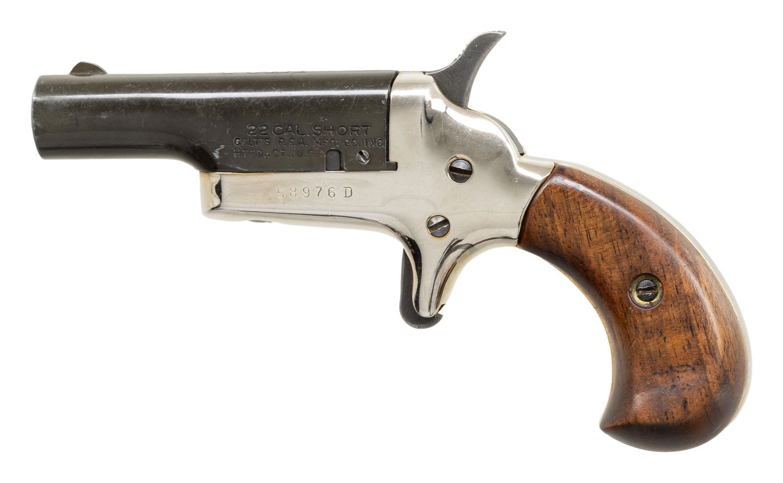 COLT FOURTH MODEL DERRINGER PISTOL.: Cal. 22 S. S# 58976D. Bbl. 2 7/16". Fourth Model derringer pistol mfg. by Colt. Let side of the bbl. is marked with the cal. designation above Colt's mfg. information, with "-COLT-" marked across the