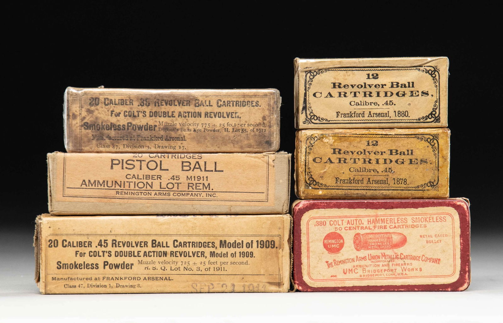 LOT OF 6 BOXES OF VINTAGE/ANTIQUE HANDGUN: AMMUNITION. Lot of 6 boxes of vintage / antique handgun ammunition, including: 1) x1 sealed 20-rd. box of .38 Caliber ammunition mfg. by Frankford Arsenal in 1912. Label of box is marked "20 CALIBER