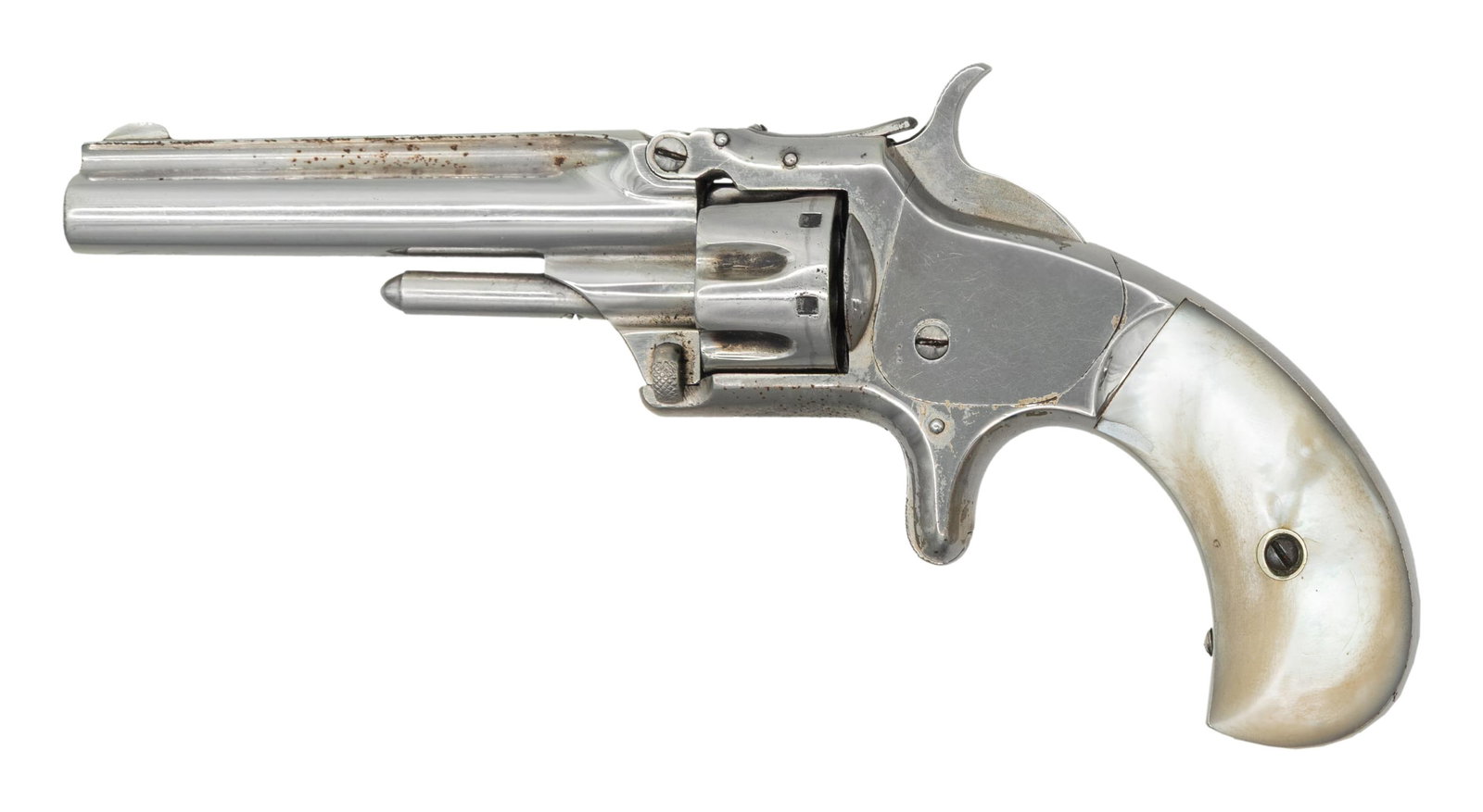 SMITH & WESSON NO. 1 SA REVOLVER.: Cal. 22 S. S# 52839. Bbl. 3 3/16". Blade front sight. Fixed rear sight. Matching assembly numbers on grip frame, bbl. & cyl. 3rd issue No. 1 revolver. 7-shot cyl. Renickeled finish. Pearl type grips.