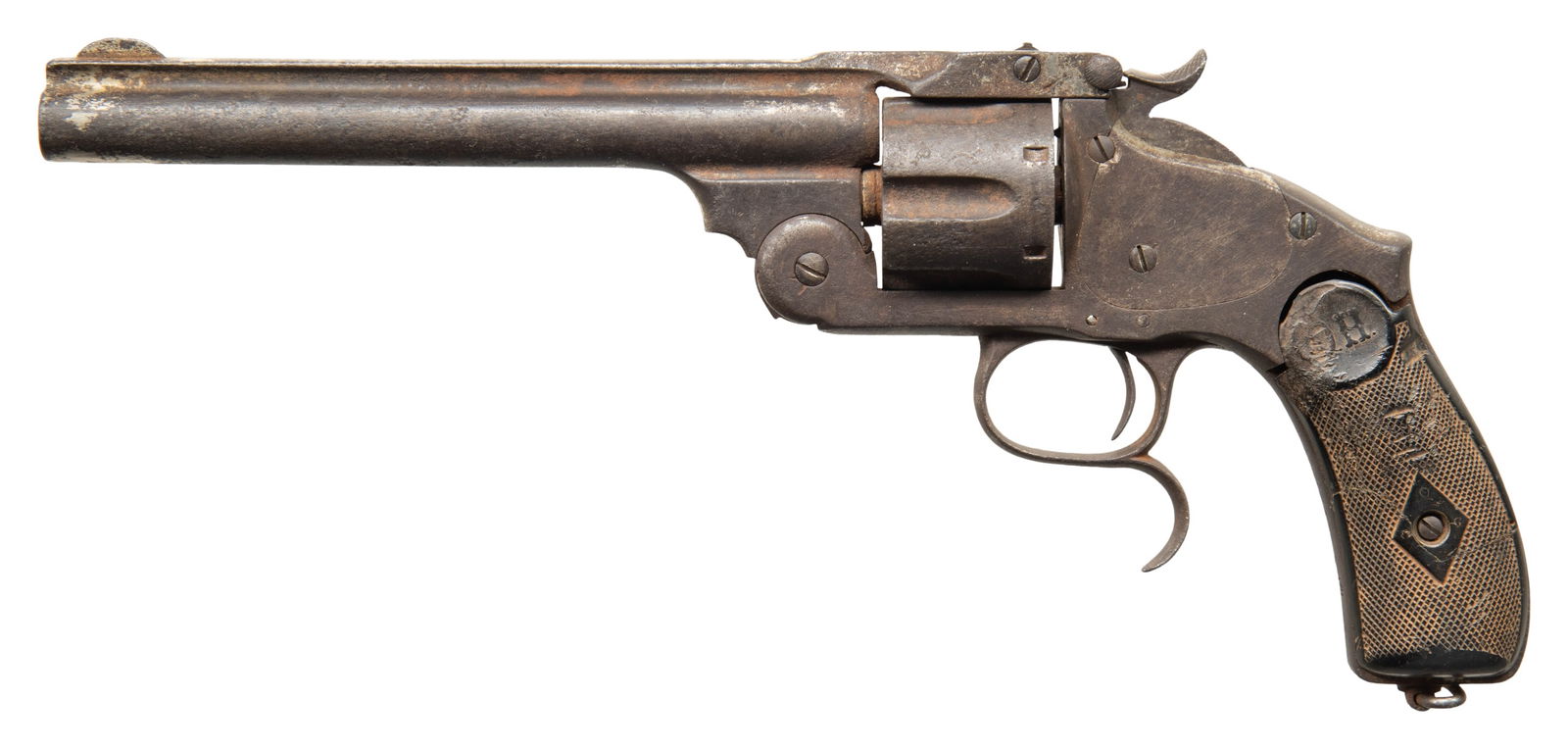 SPANISH COPY OF S&W NO. 3 RUSSIAN FOR MEXICAN: ARMY. Cal. 44. S# 6243. Spanish copy S&W by Orbea Hermanos, 7" barrel, Mexican Army inventory number added on top strap "1455". UNATTACHED ACCESSORIES: collection tag "Smith & Wesson Russian