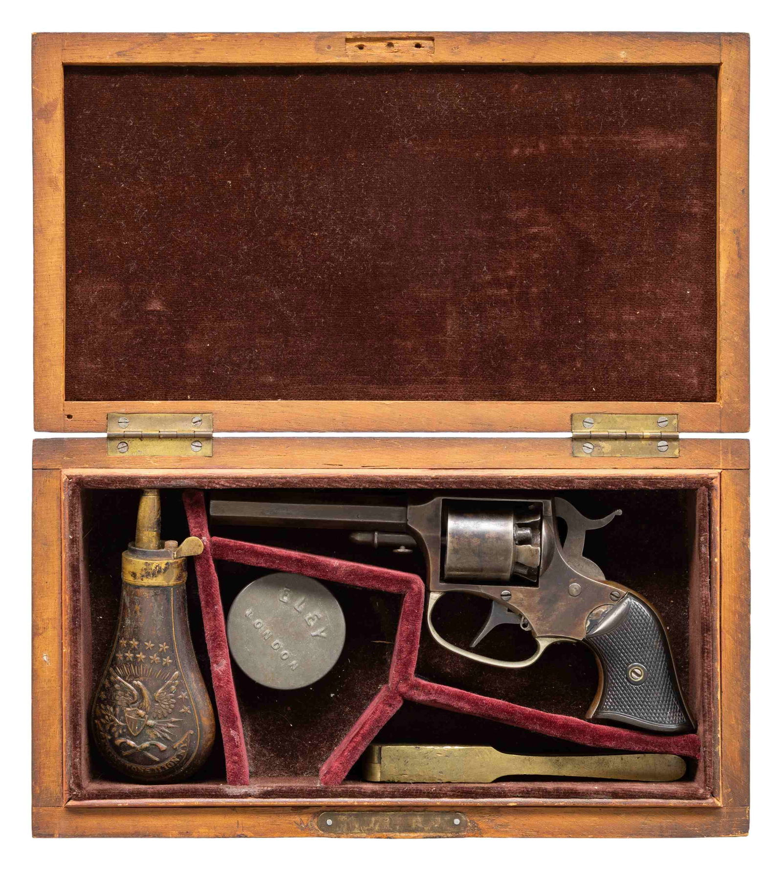 SCARCE REMINGTON RIDER'S DOUBLE ACTION POCKET: PERCUSSION REVOLVER WITH CASE & ACCESSORIES. Cal. 31. S# 1300. Approx. 20,000 mfg. 1860-1870. Oct. 3" bbl. has brass front side has been cut off. 5 Shot cyl. Frame has white painted "43" on bottom.