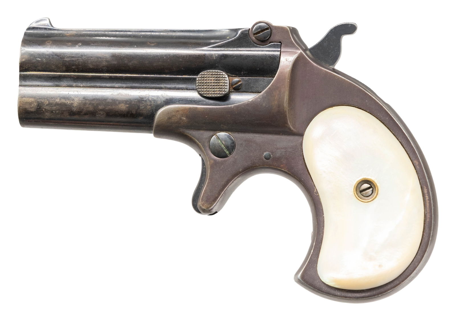 REMINGTON ARMS CO. 95 O/U DERRINGER.: Cal. 41 RF. S# 40. Appears to be mfg. 1899. Bbls. 3". Pearl grips. CONDITION: reblued finish with oxidation. Right pearl grip has glue repairs; left panel is good. Fair rifling with pitting. PROVENANC
