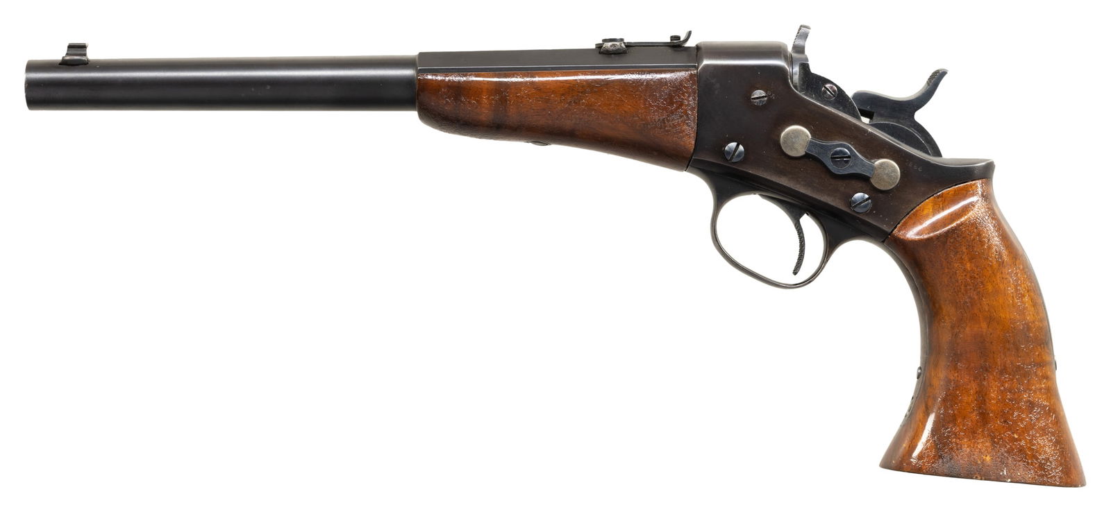 REMINGTON MODEL 1901 ROLLING BLOCK PISTOL.: Cal. 22 LR. S# 3831 (under grip). Relined 10" part oct. part rnd. barrel. Custom dovetailed bead front sight & Remington notch rear sight. Refurbished military action w/ checkered trigger & added
