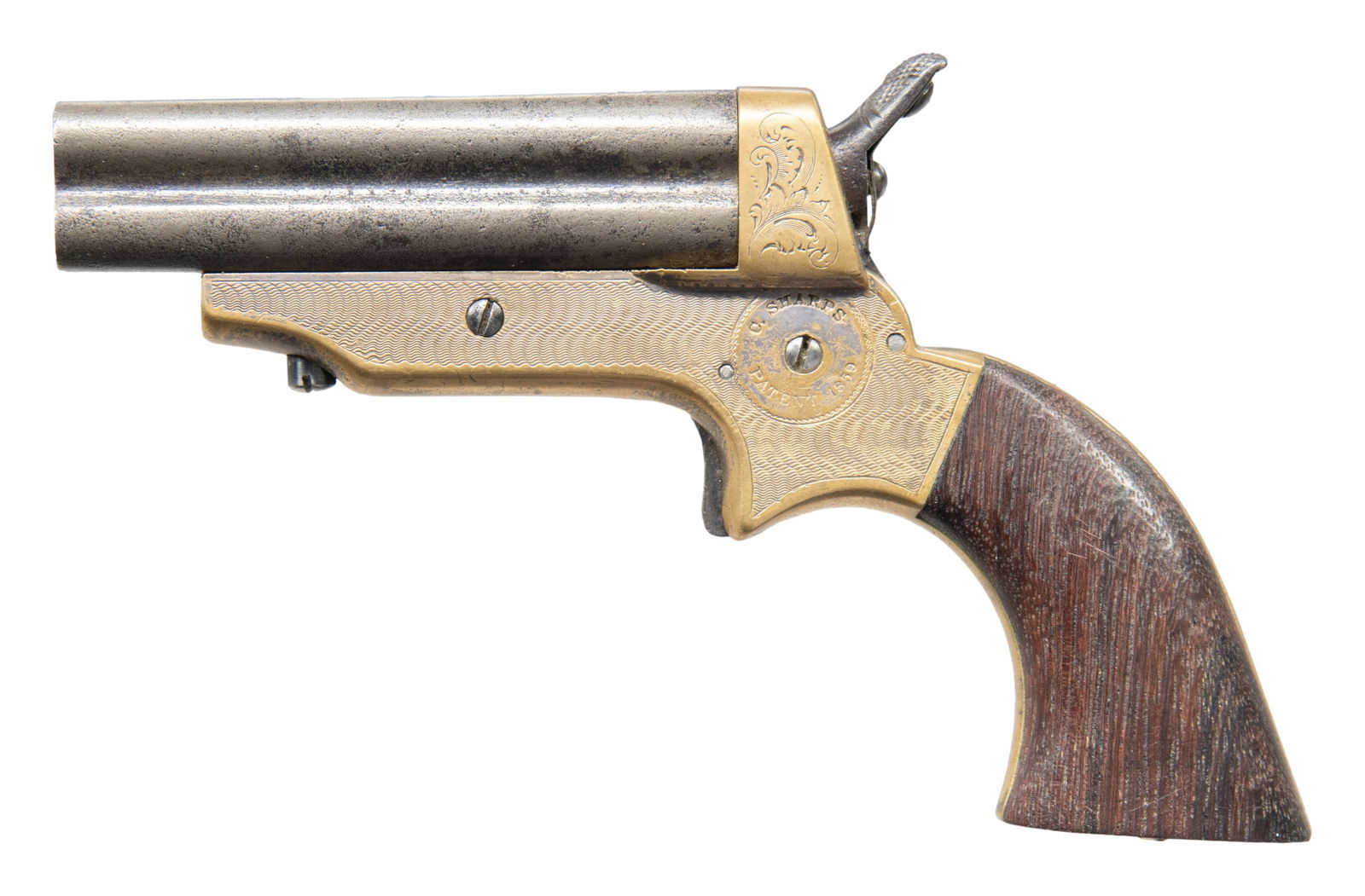 SCARCE 30 CALIBER SHARPS 4-BARREL DERRINGER.: Cal. 30. S# 1886. 5.5" overall, 3" 4-barrel cluster. Engraved brass frame marked in circular stamps "C. SHARPS PATENT 1859" & "C SHARPS & CO PHILADA. PA", well fit wood grips. CONDITION: good